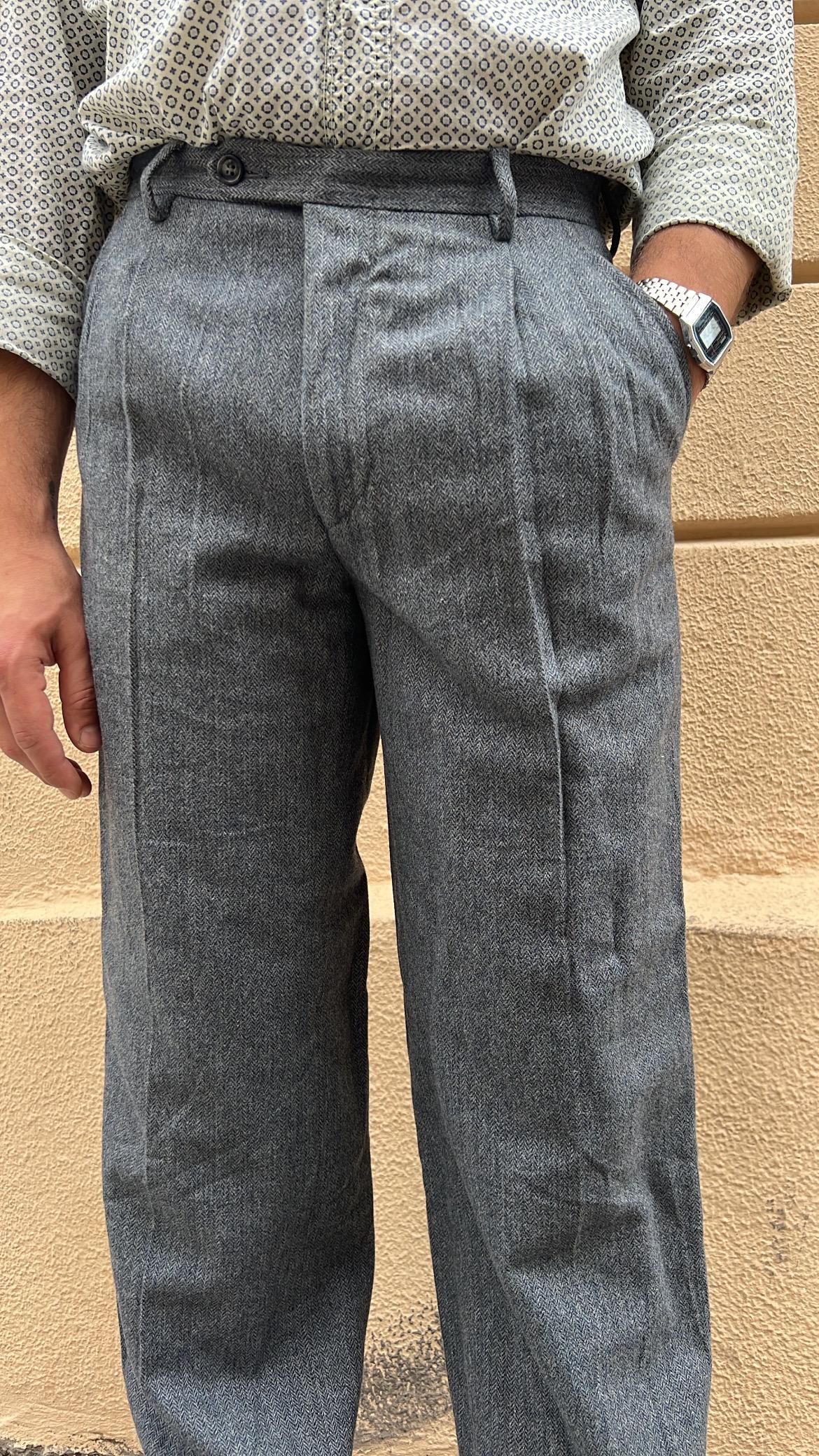Grey Pleated Wool Pants