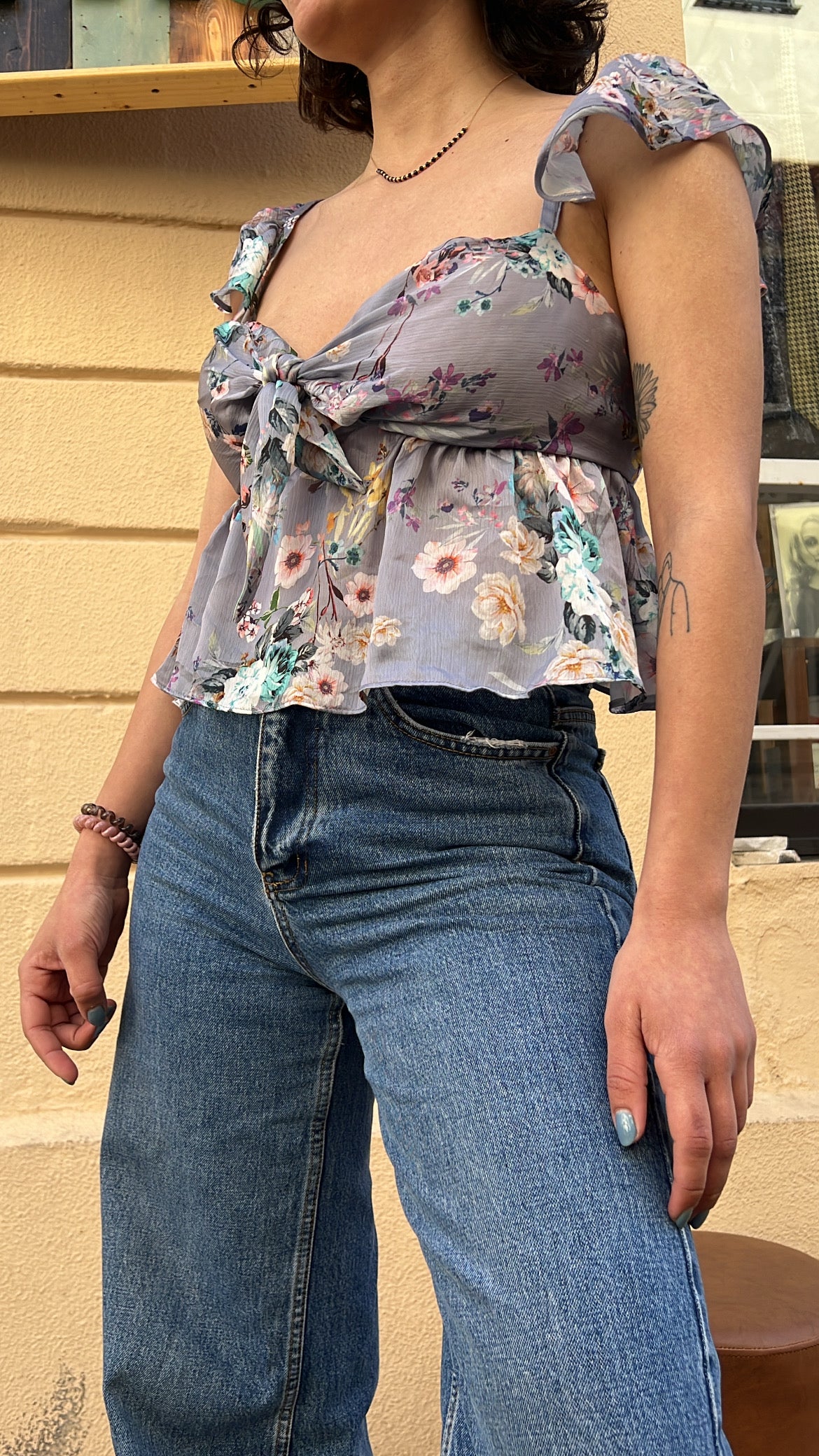 Grey Floral Tie-Front Peplum Top