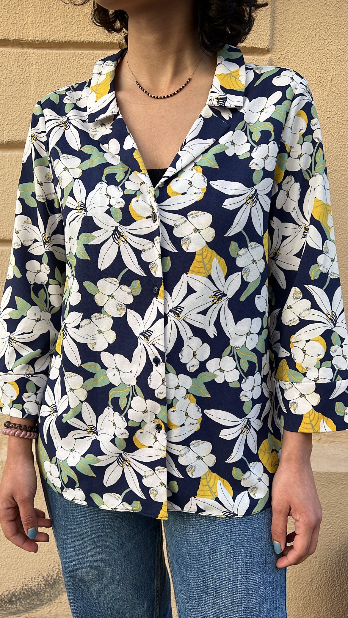 Navy Blue Tropical Floral Blouse