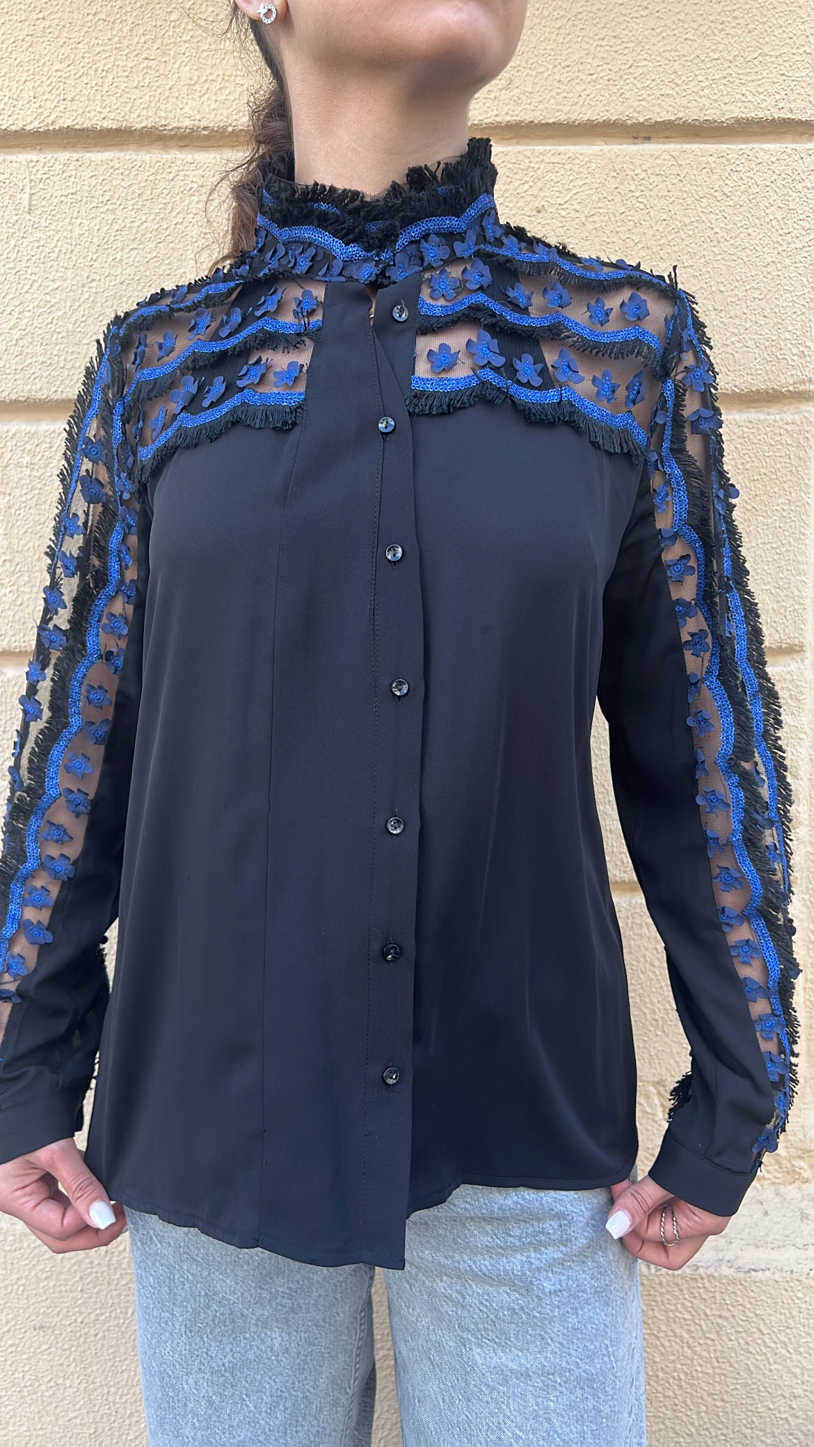 Black Blouse with Blue Floral Lace Detail