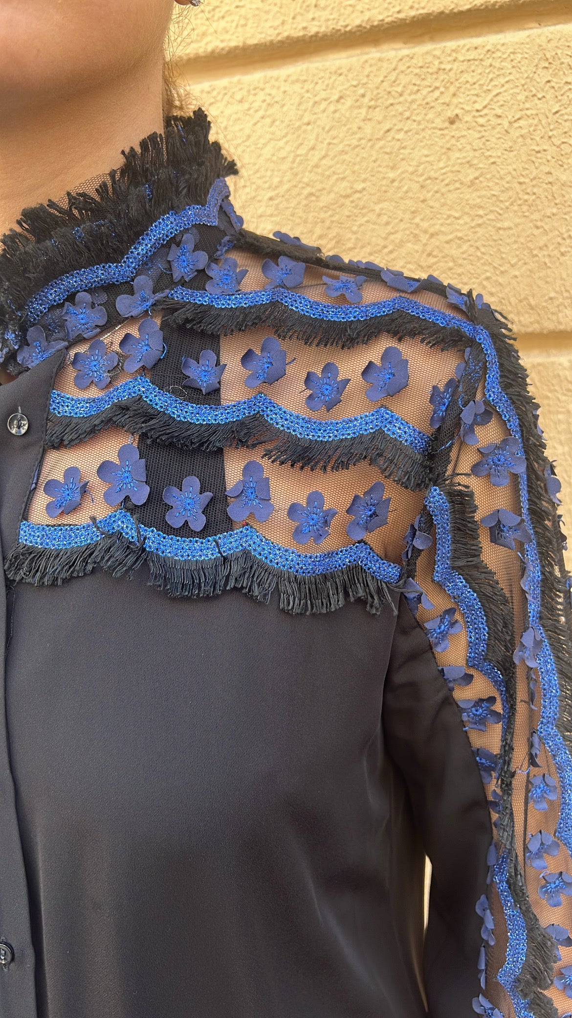 Black Blouse with Blue Floral Lace Detail