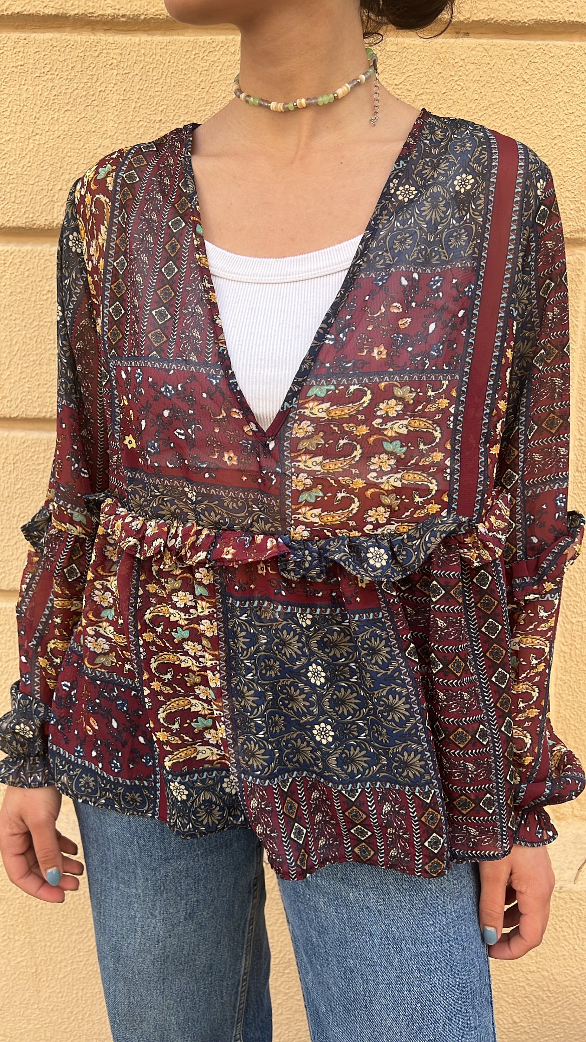 Bohemian Patchwork V-Neck Blouse