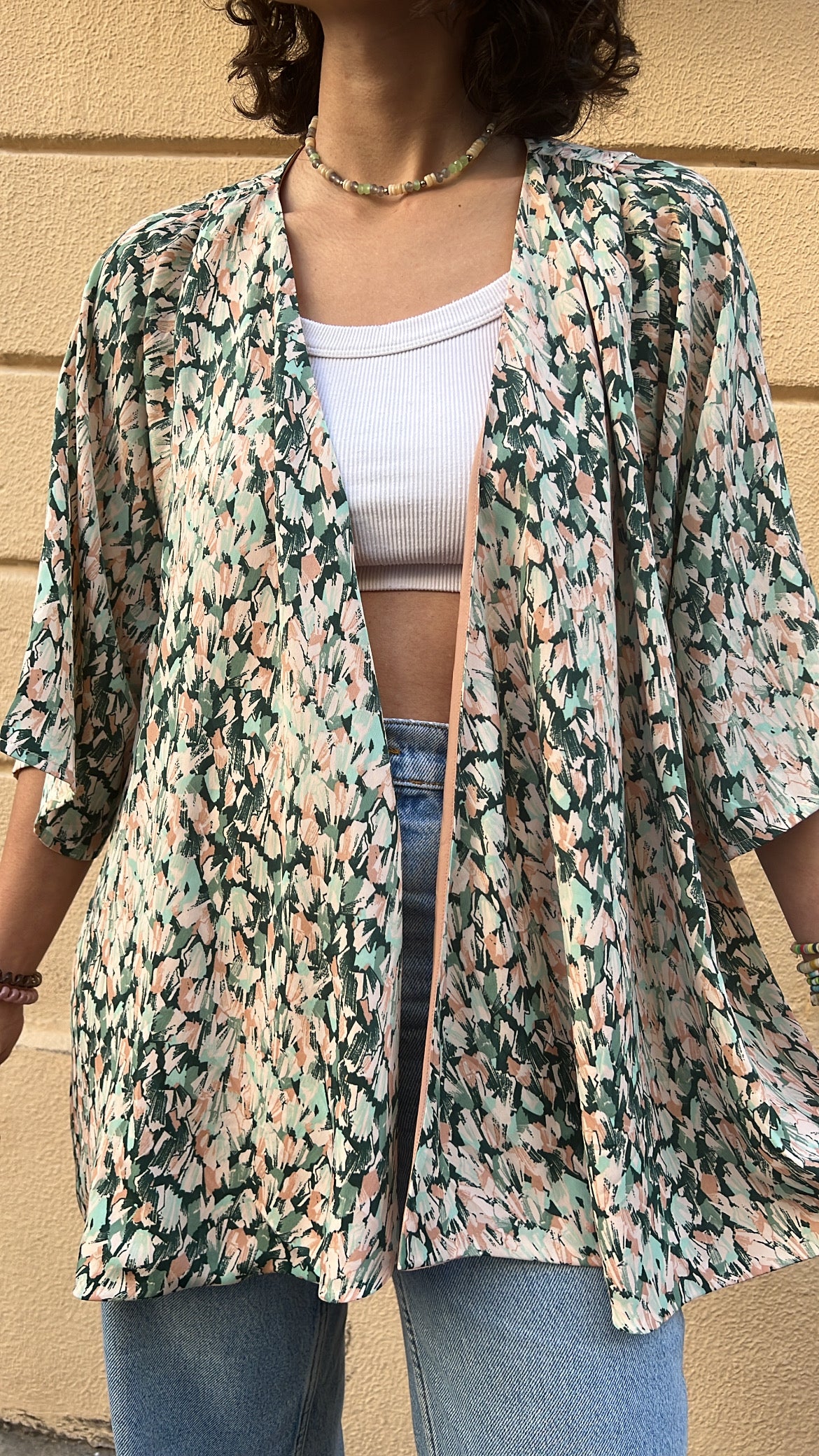 Green and Pink Floral Kimono Duster