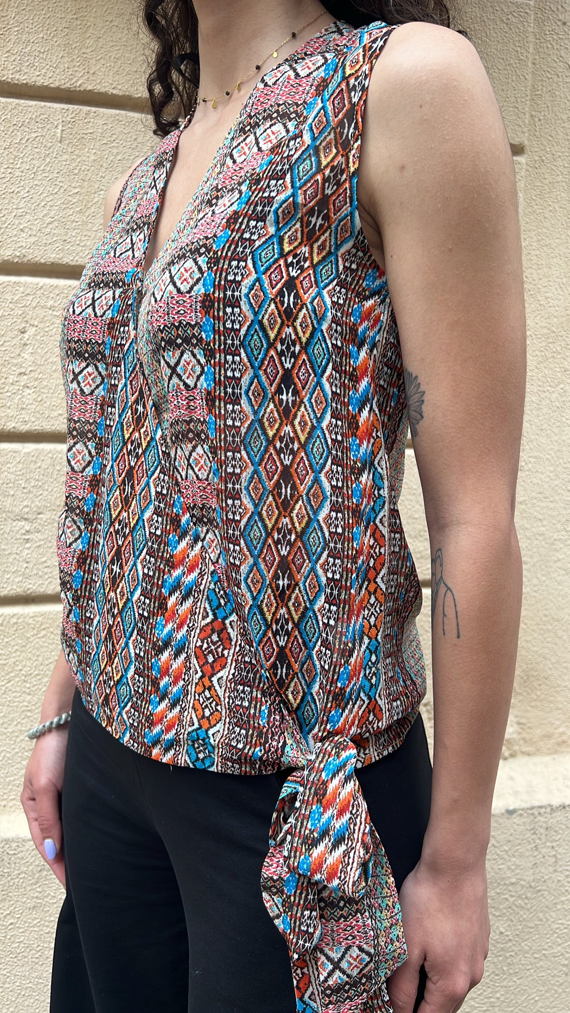 Boho Geometric Print Sleeveless Wrap Blouse