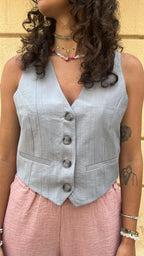 Pastel Grey-Blue Textured Plissé Vest