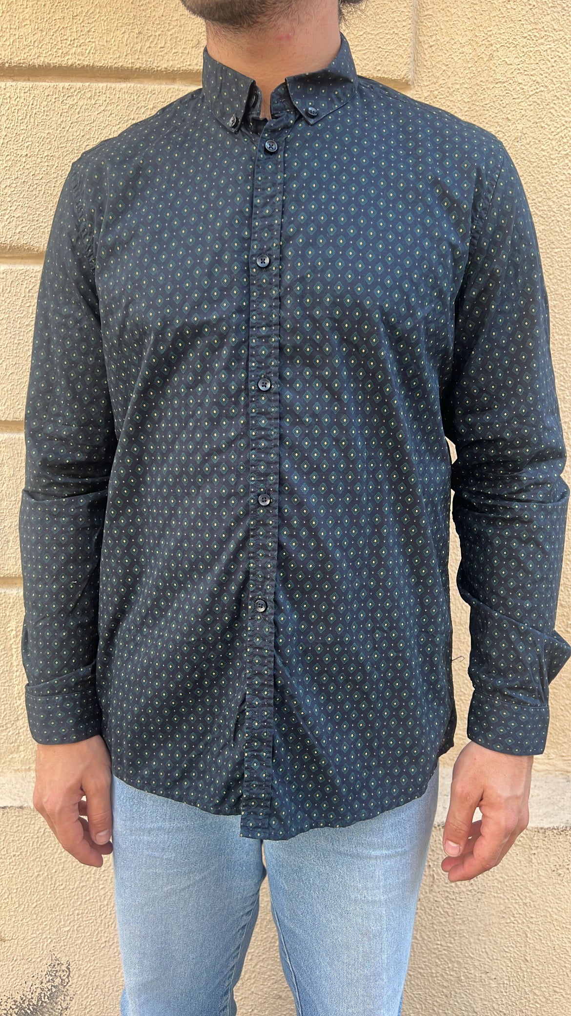 Navy Blue Diamond Micro-Geometric Print Shirt