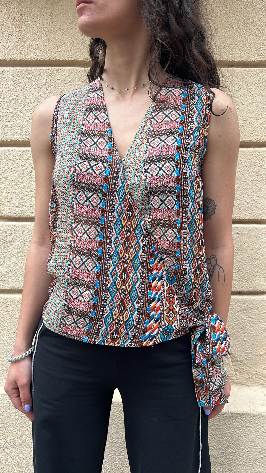 Boho Geometric Print Sleeveless Wrap Blouse