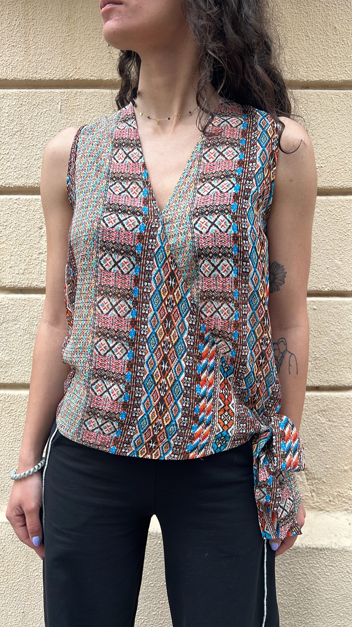 Boho Geometric Print Sleeveless Wrap Blouse