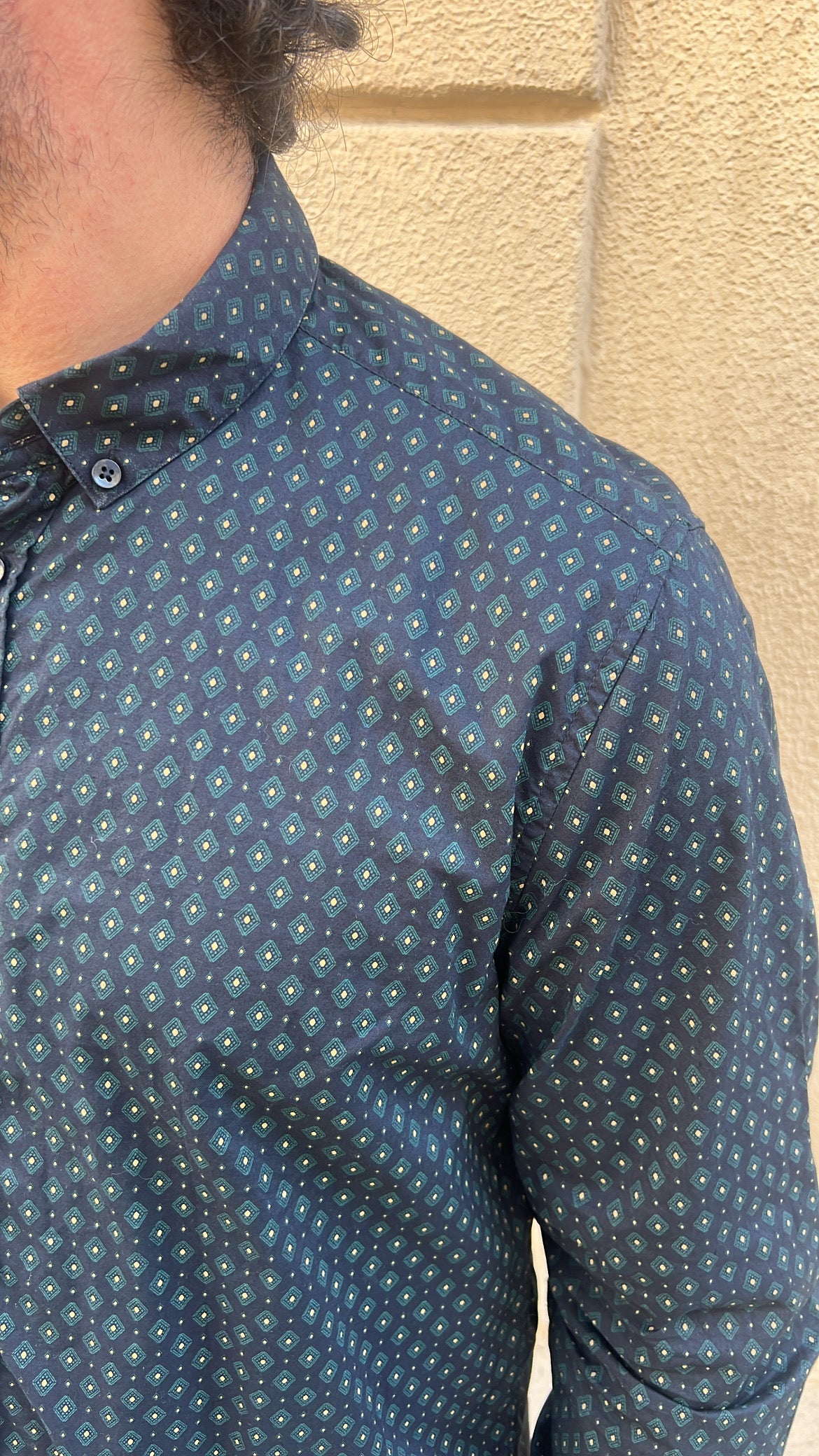 Navy Blue Diamond Micro-Geometric Print Shirt