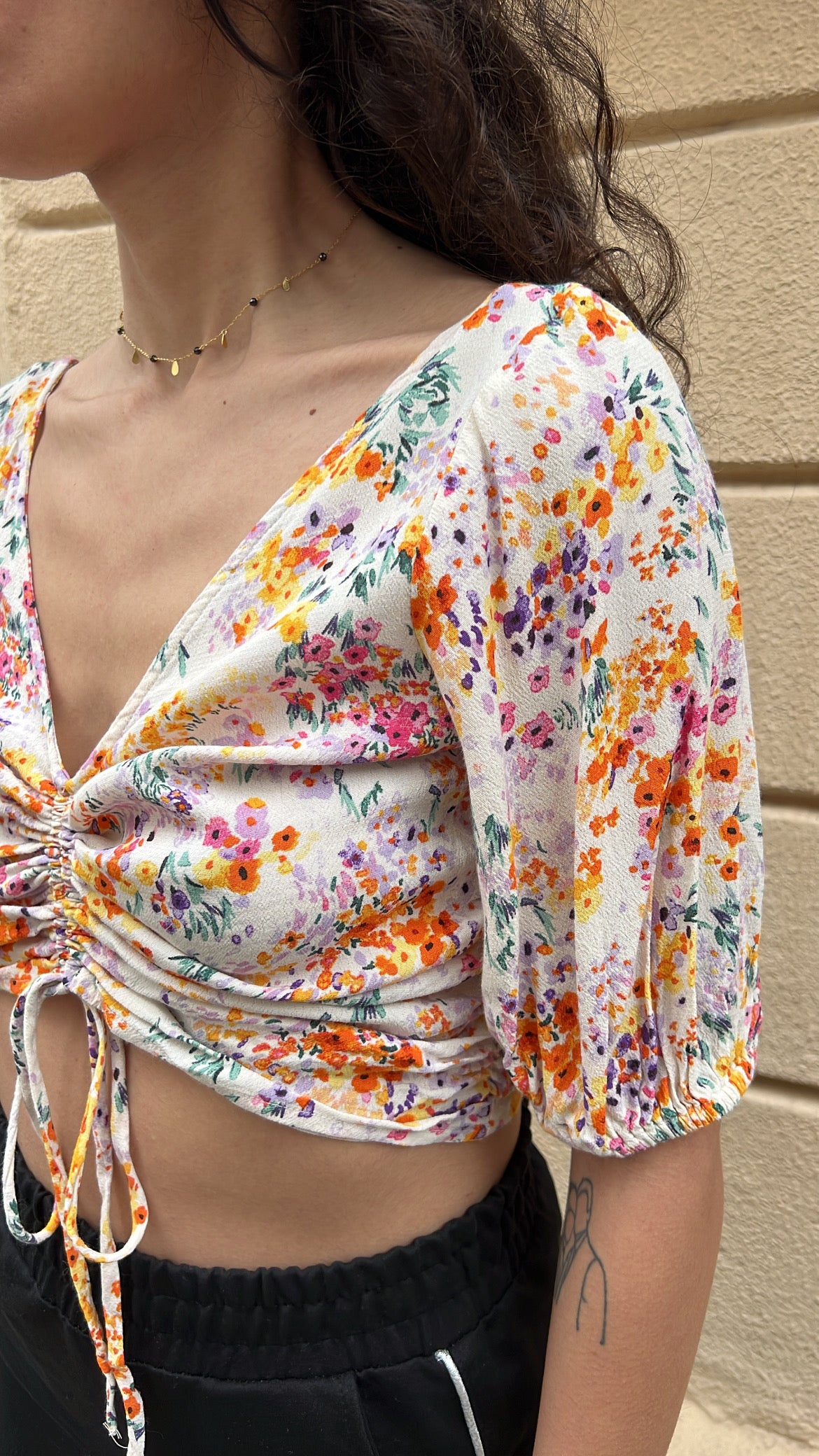 Ditsy Floral Crop Top with Drawstring