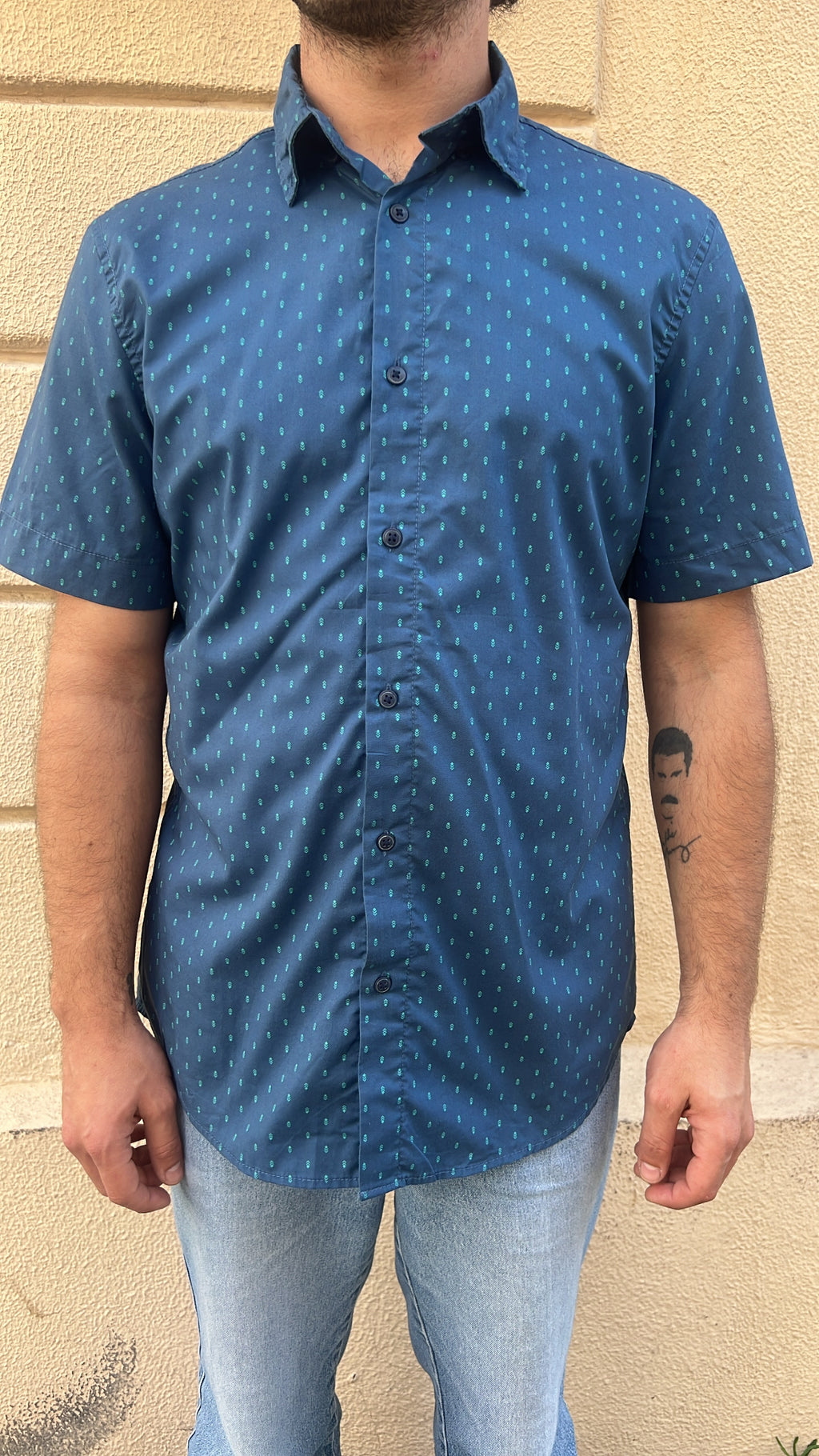 Teal Blue with Geometric Micro-Pattern Shirt