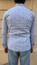 Light Blue and White Vertical Stripe with Floral Overlay Shirt