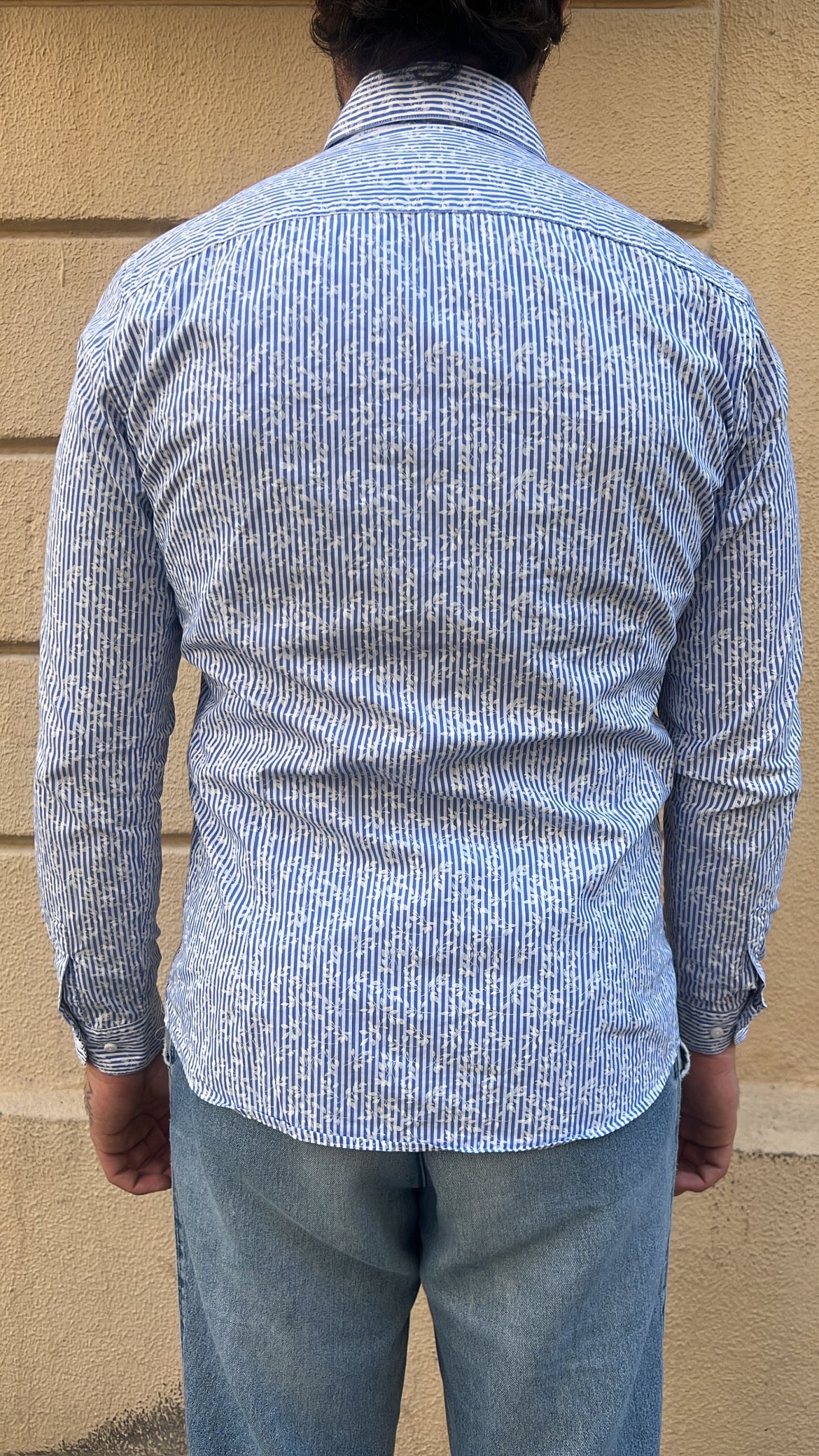 Light Blue and White Vertical Stripe with Floral Overlay Shirt