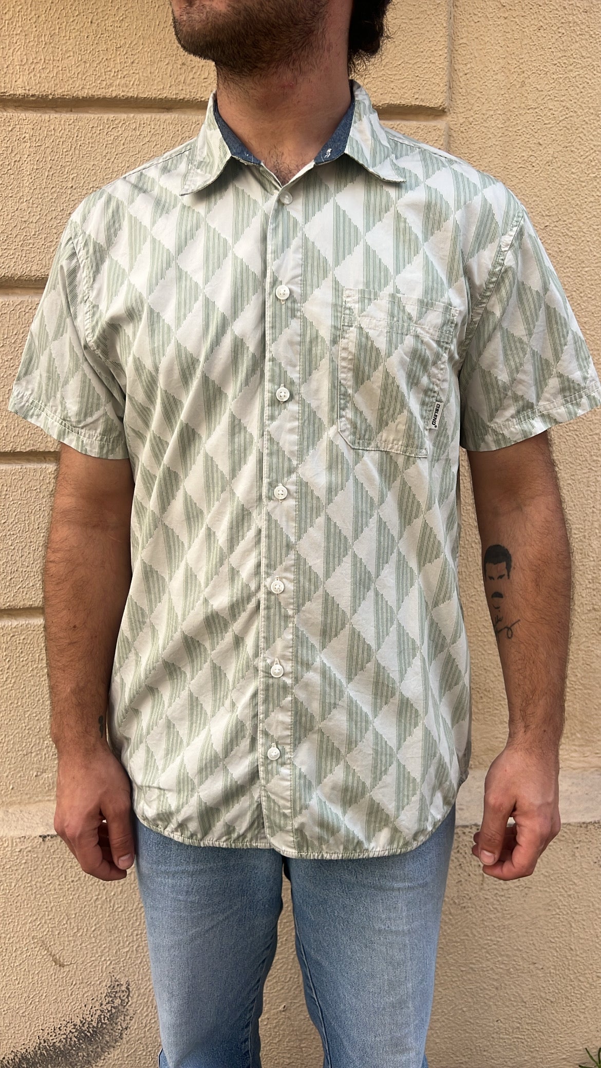 Off-White and Sage Green Diamond Print Shirt