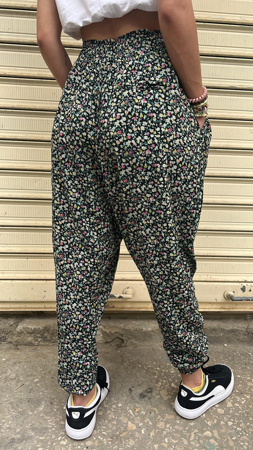 Micro Floral Print Elastic Waist Harem Trousers