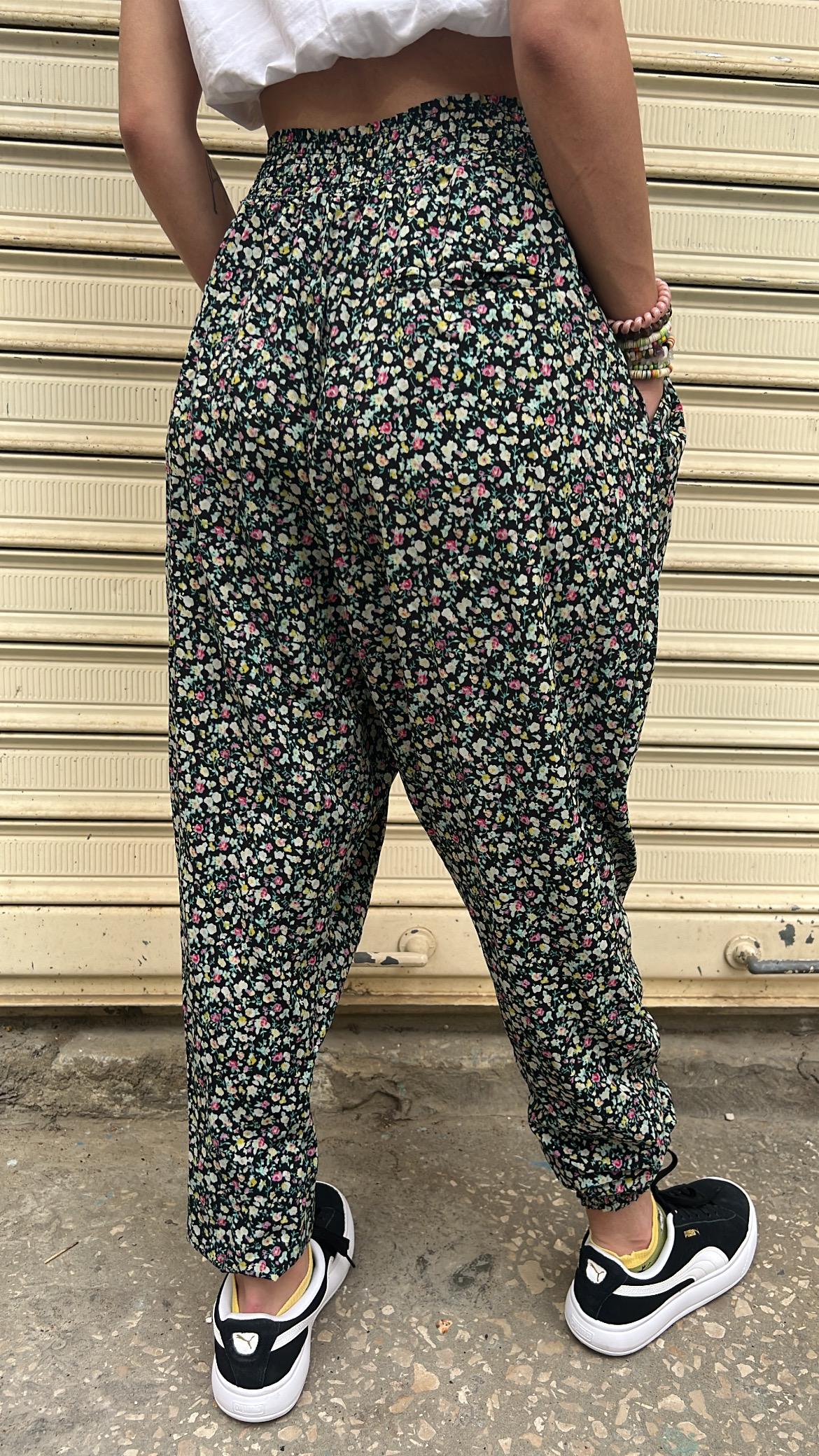 Micro Floral Print Elastic Waist Harem Trousers