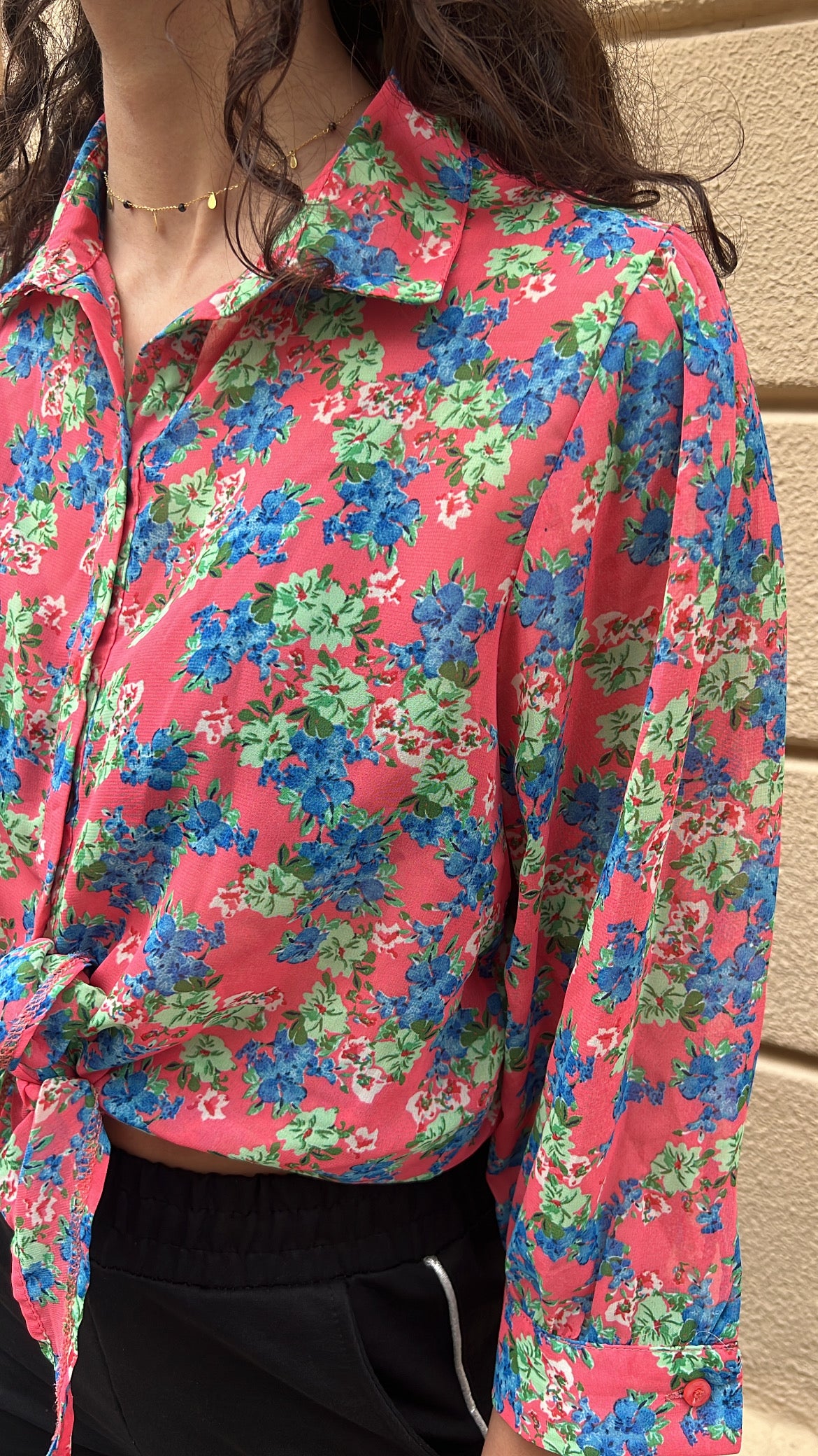 Vibrant Pink Ditsy Floral Tie Front Shirt