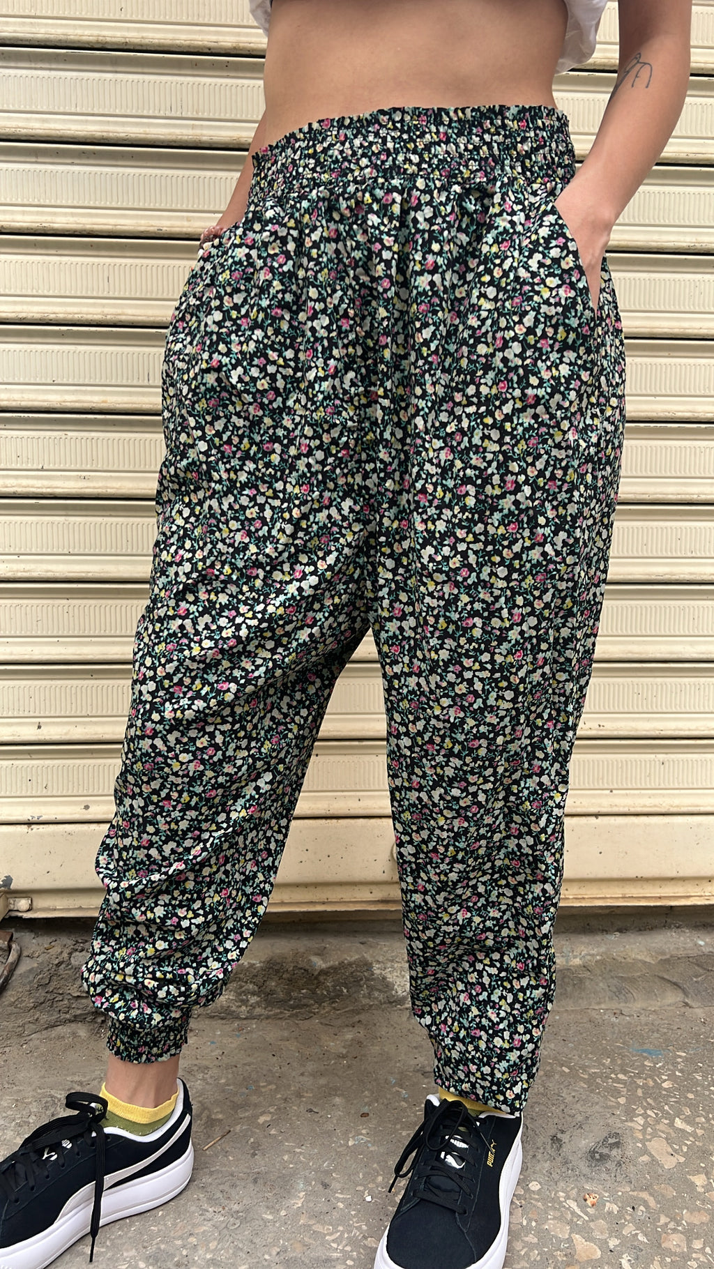 Micro Floral Print Elastic Waist Harem Trousers