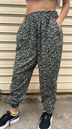 Micro Floral Print Elastic Waist Harem Trousers