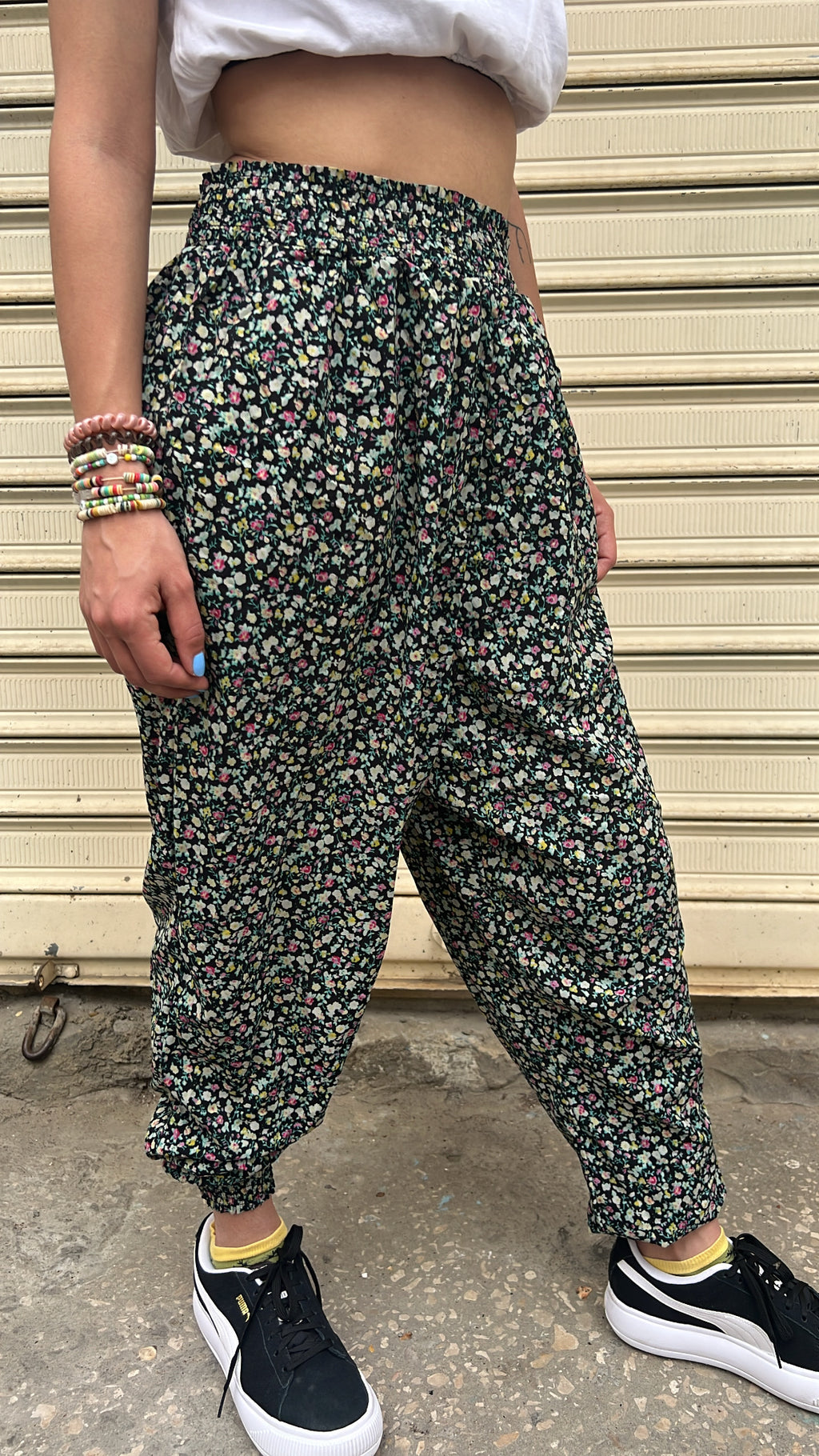Micro Floral Print Elastic Waist Harem Trousers