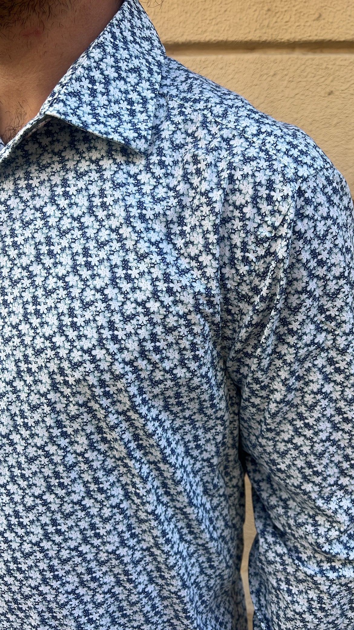 White and Blue Geometric Micro-Floral Print Shirt