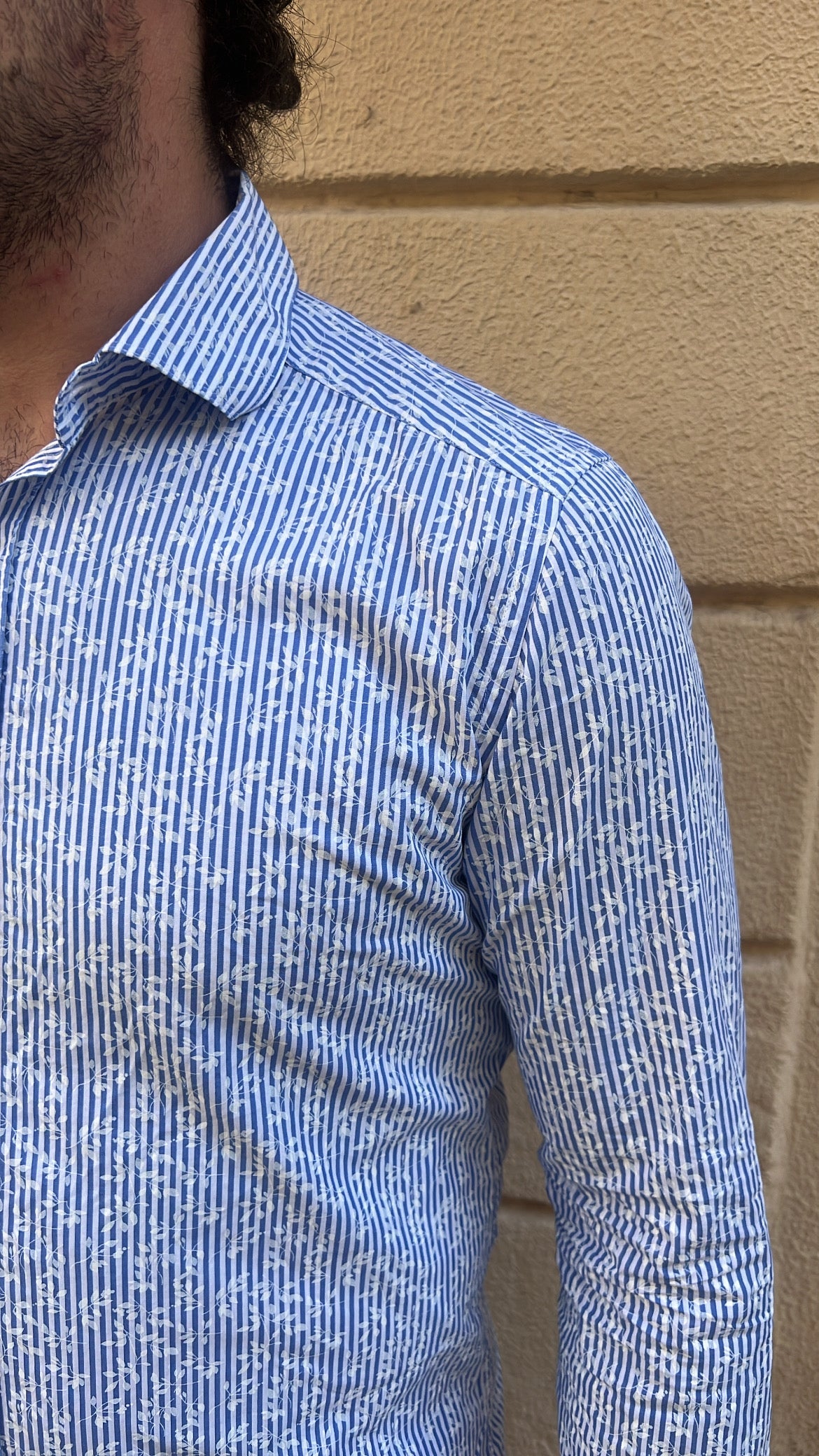Light Blue and White Vertical Stripe with Floral Overlay Shirt