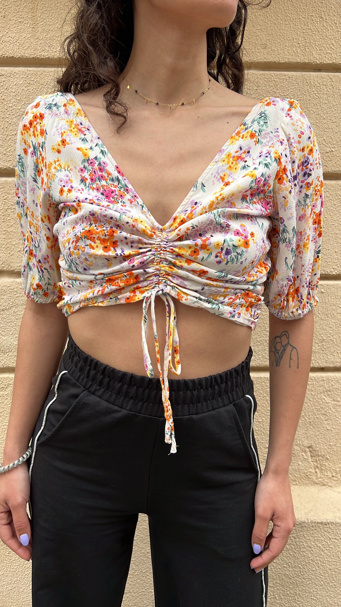 Ditsy Floral Crop Top with Drawstring
