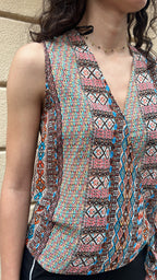 Boho Geometric Print Sleeveless Wrap Blouse