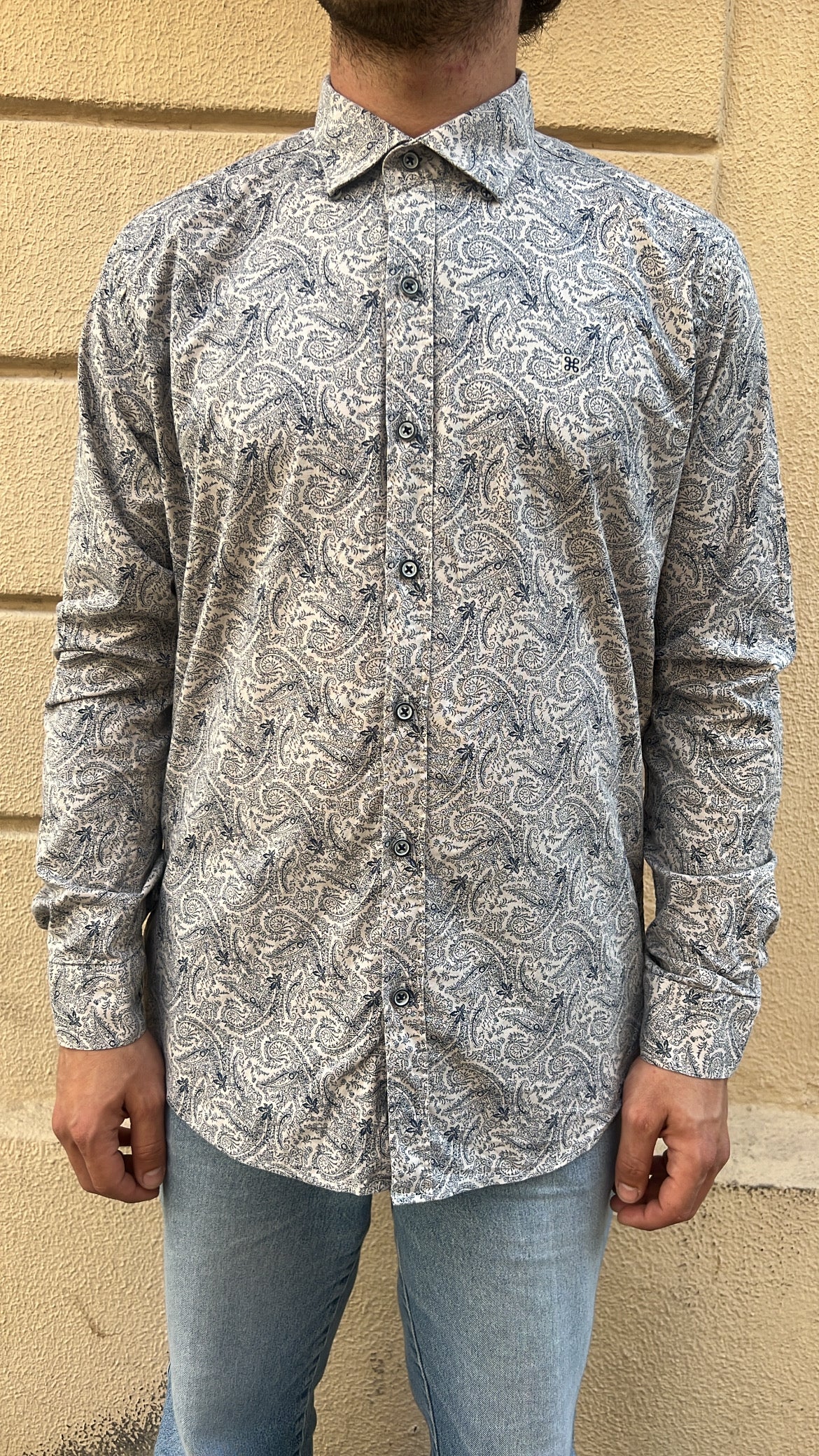 White and Slate Blue Paisley Print Shirt