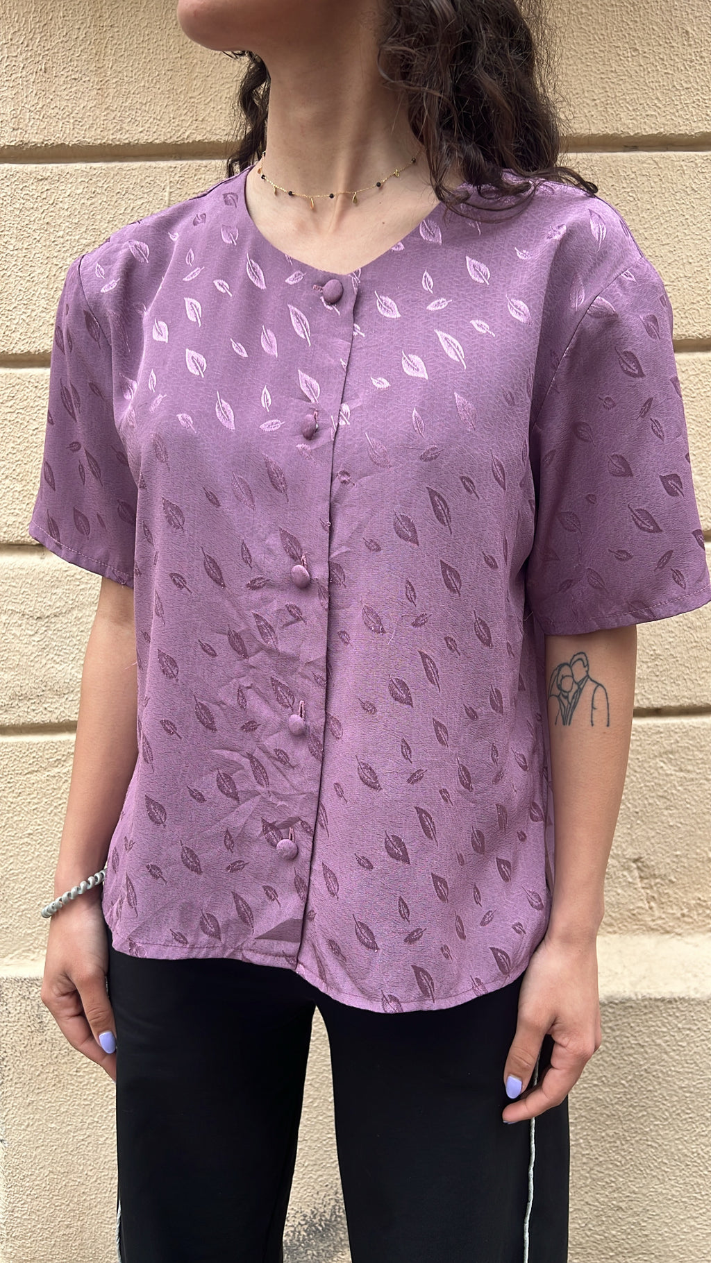 Purple Leaf Print Jacquard Blouse