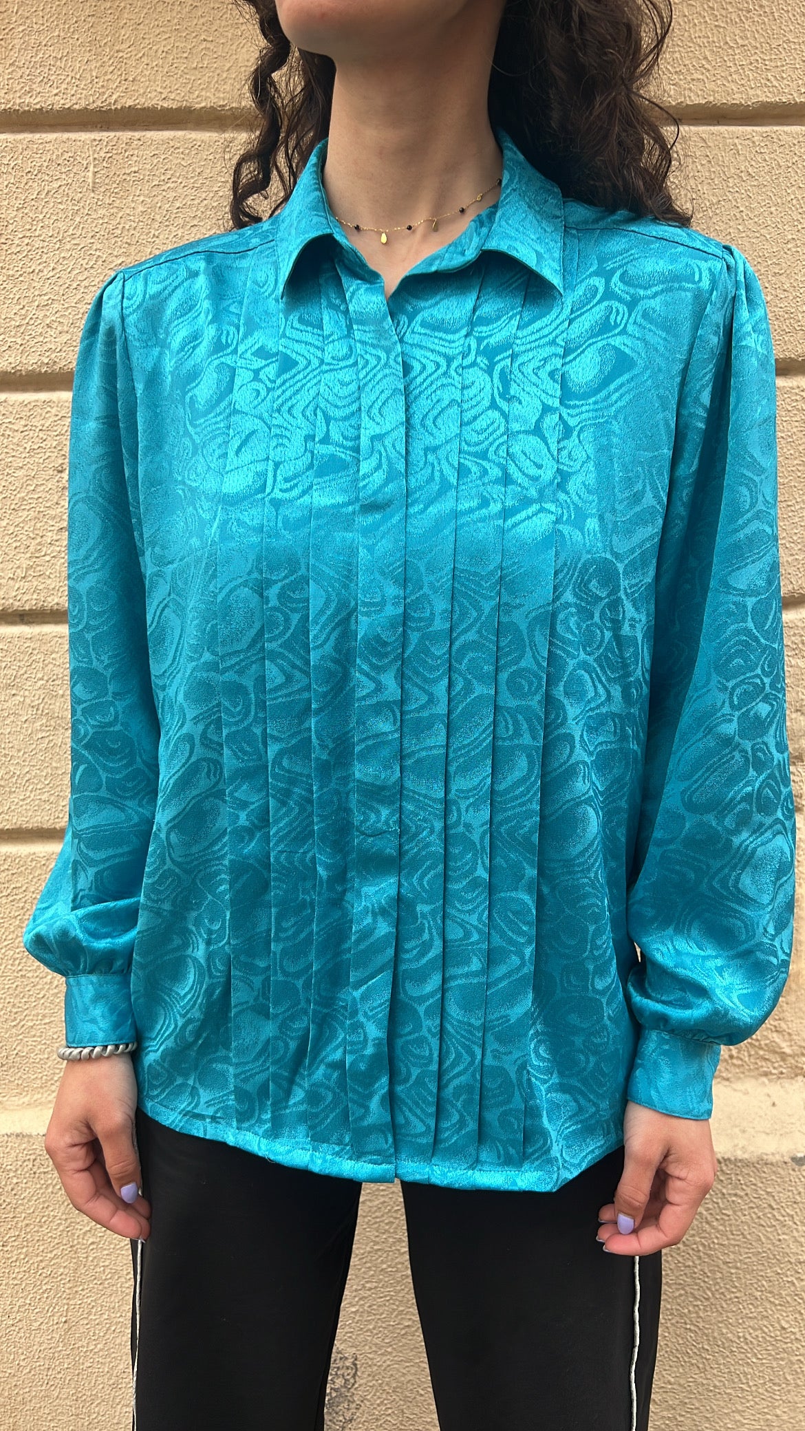 Teal Turquoise Jacquard Blouse