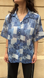 Blue Patchwork Sheer Blouse