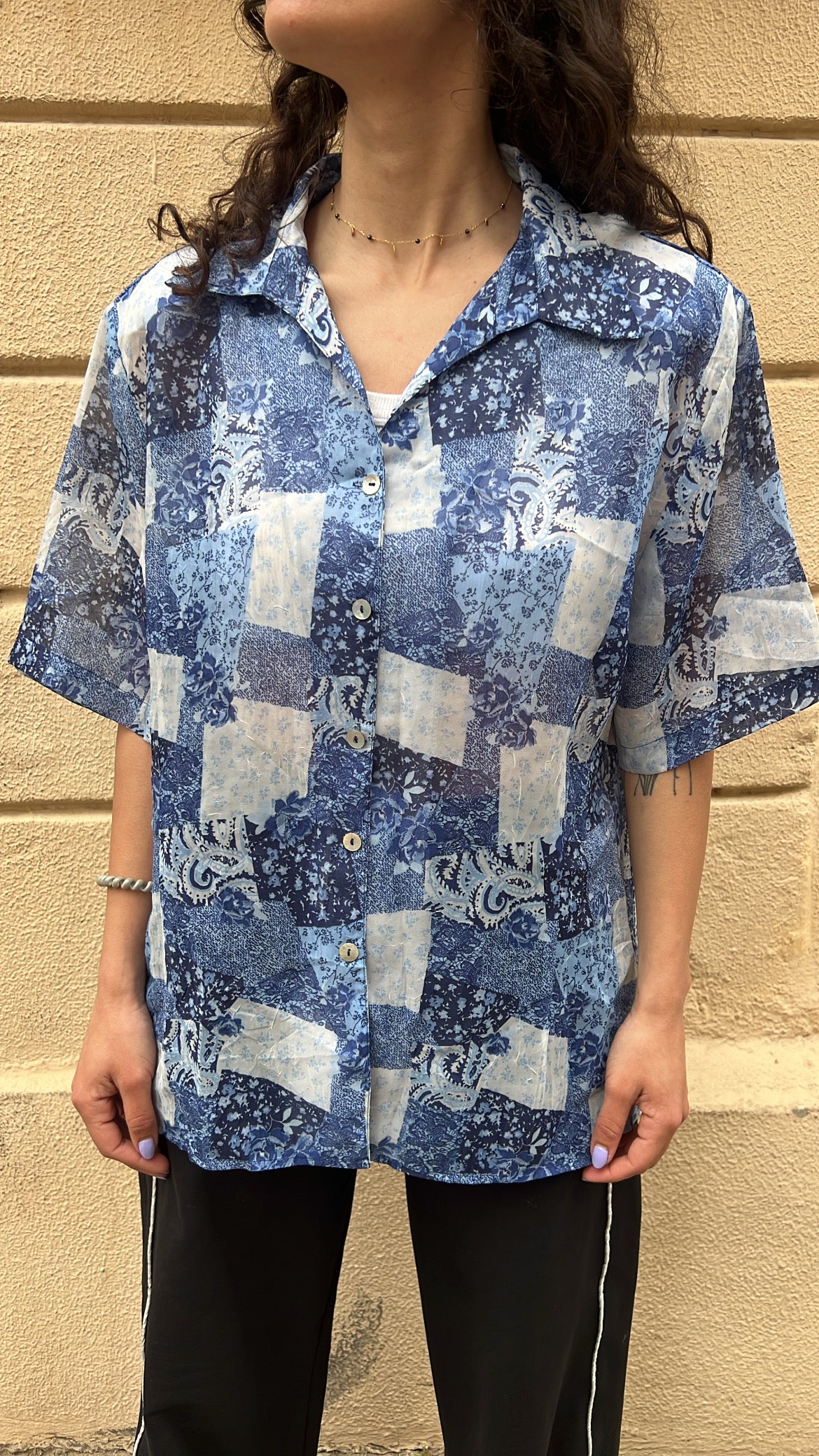 Blue Patchwork Sheer Blouse