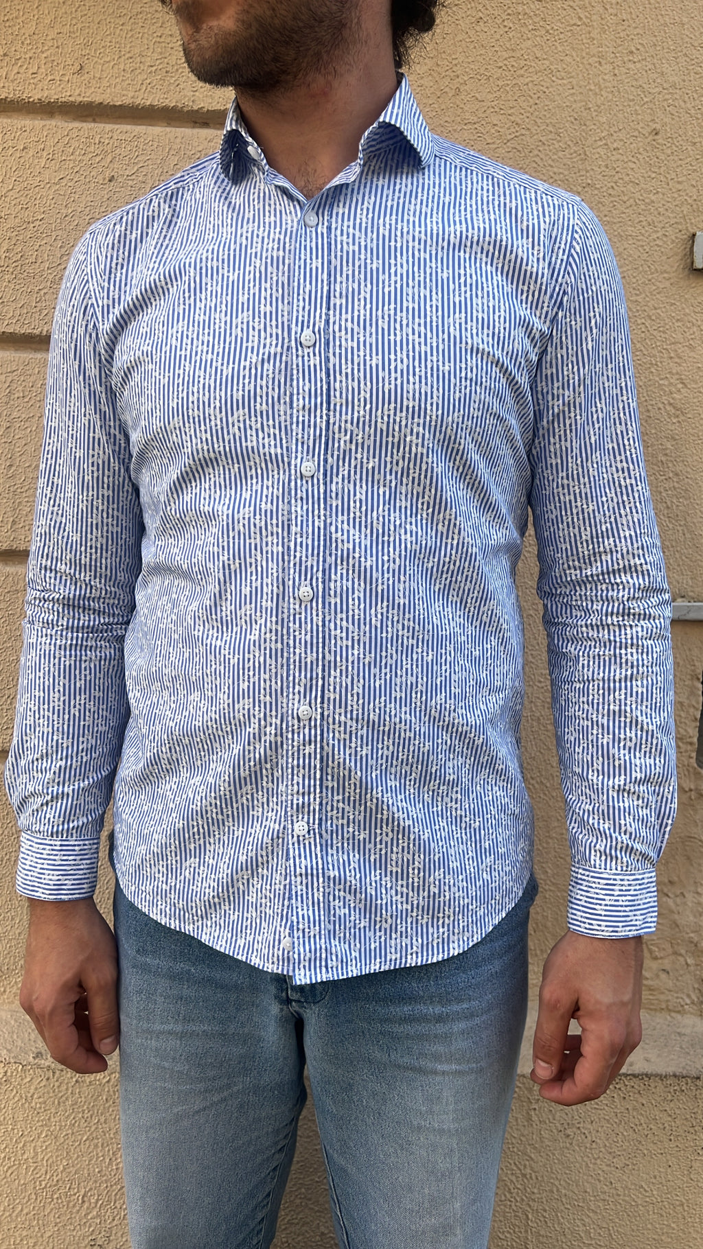 Light Blue and White Vertical Stripe with Floral Overlay Shirt