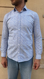 Light Blue and White Vertical Stripe with Floral Overlay Shirt