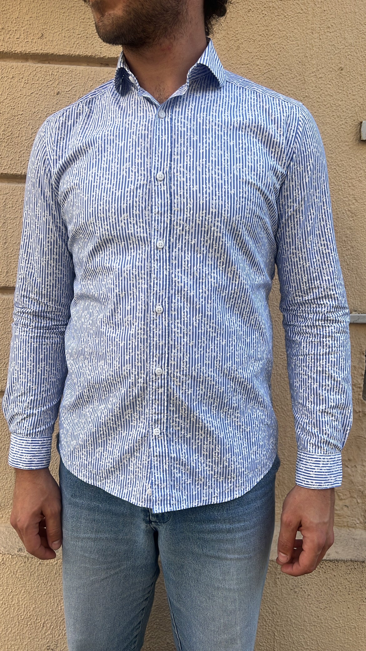 Light Blue and White Vertical Stripe with Floral Overlay Shirt