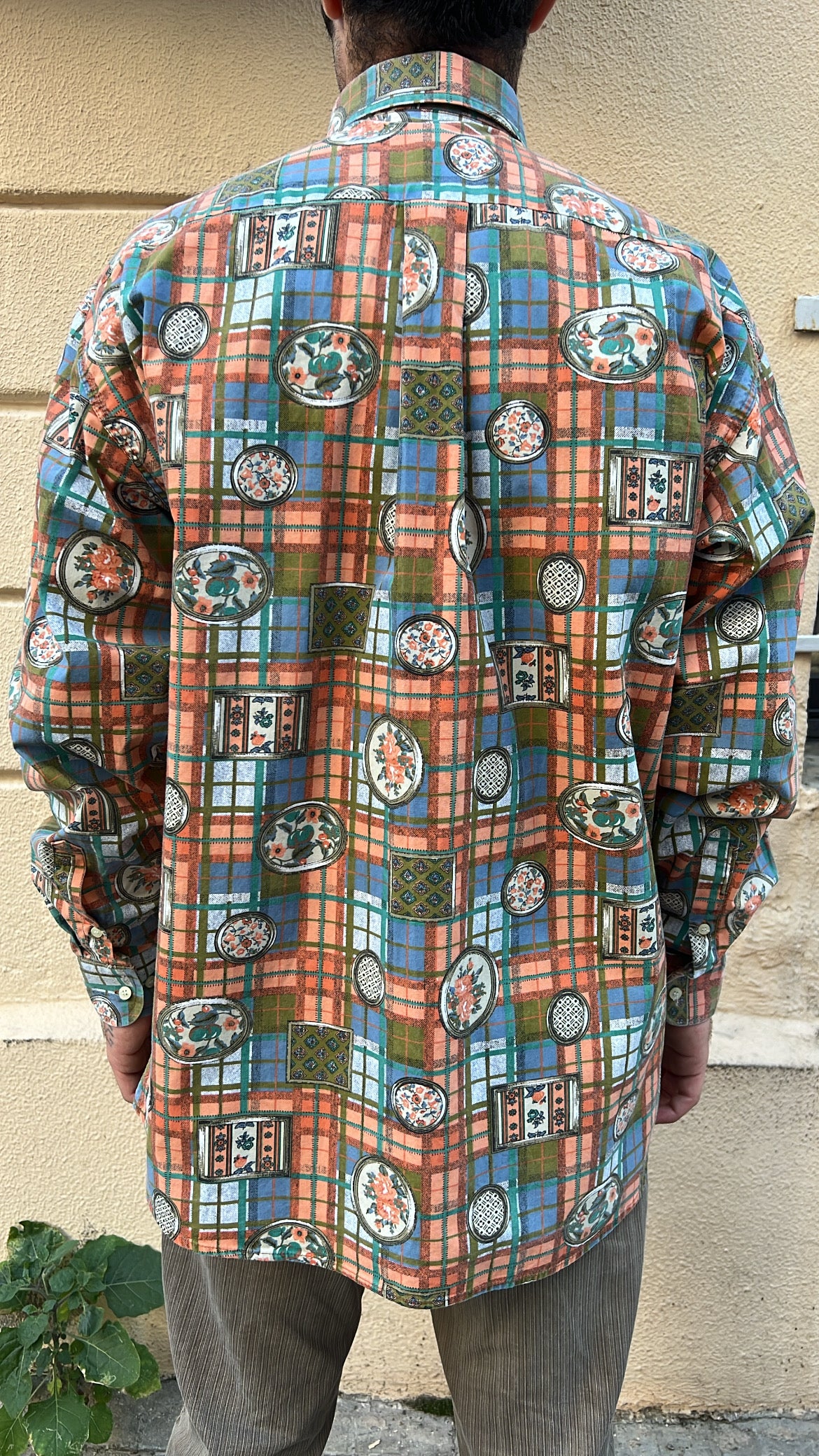 Orange Plaid Shirt with Printed Patchwork