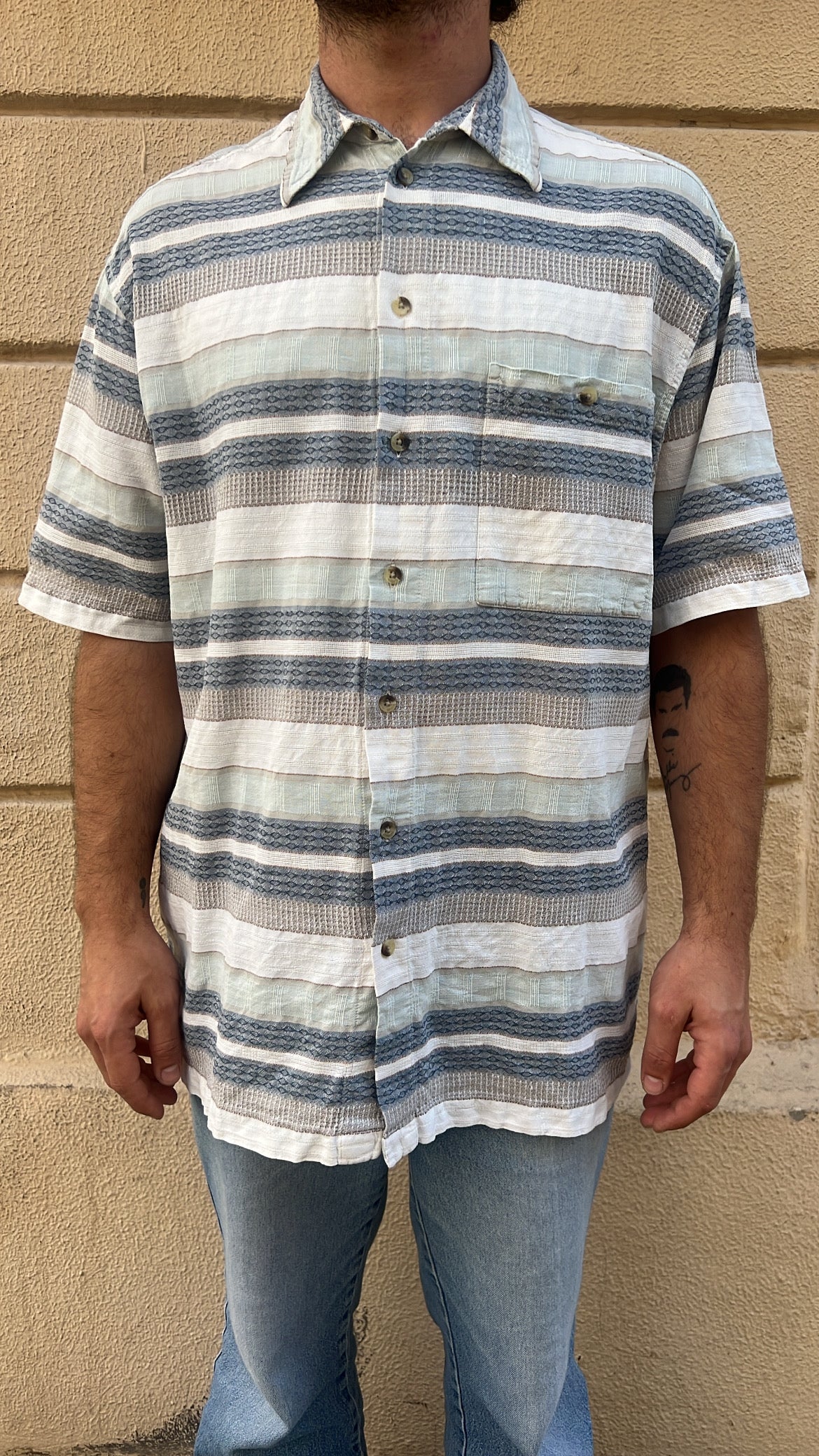 Cream and Blue Textured Shirt