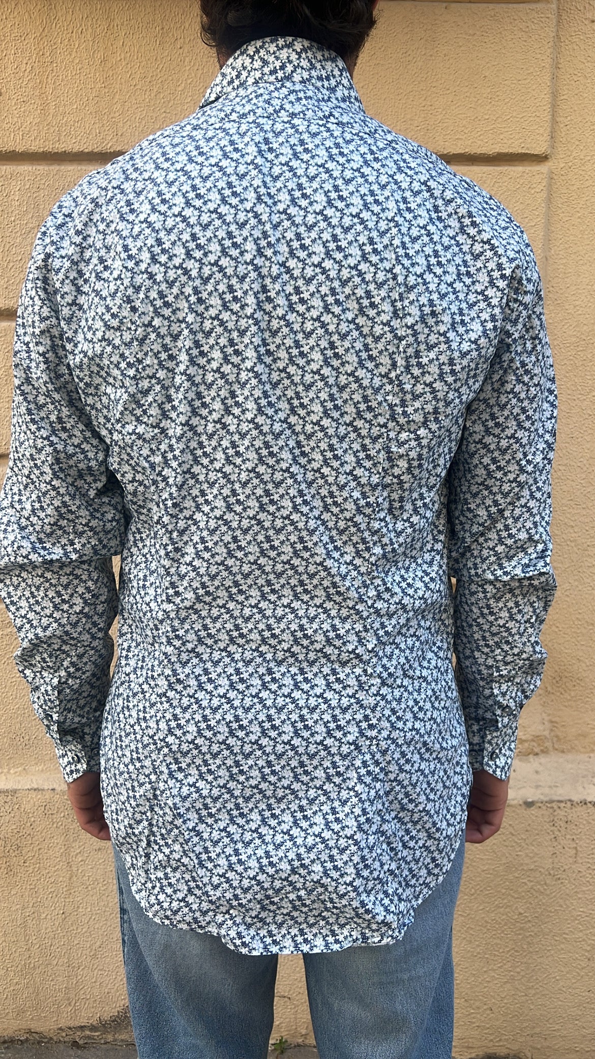 White and Blue Geometric Micro-Floral Print Shirt