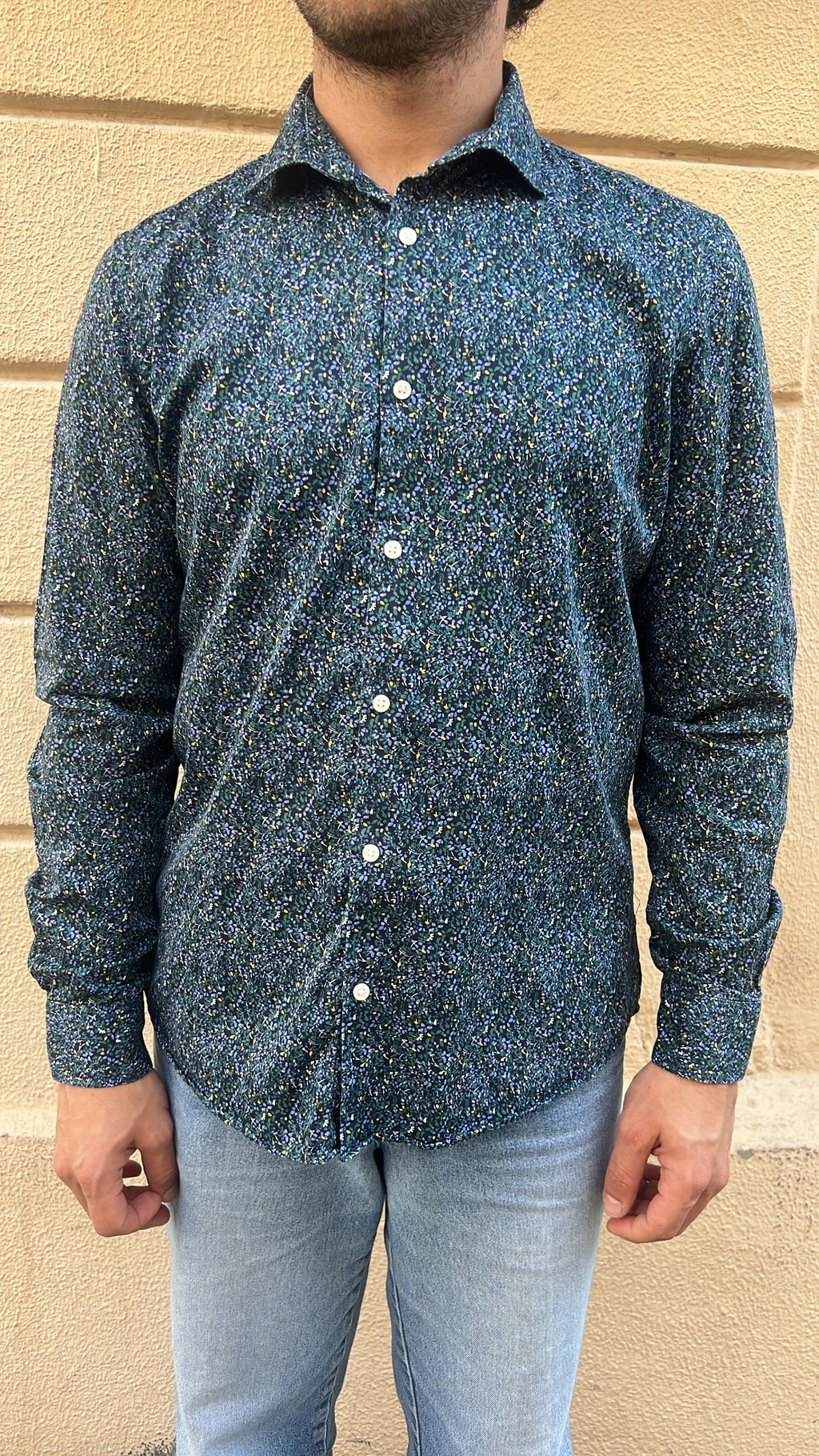 Navy Blue and Green Dappled Floral Micro-Print Shirt