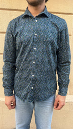 Navy Blue and Green Dappled Floral Micro-Print Shirt