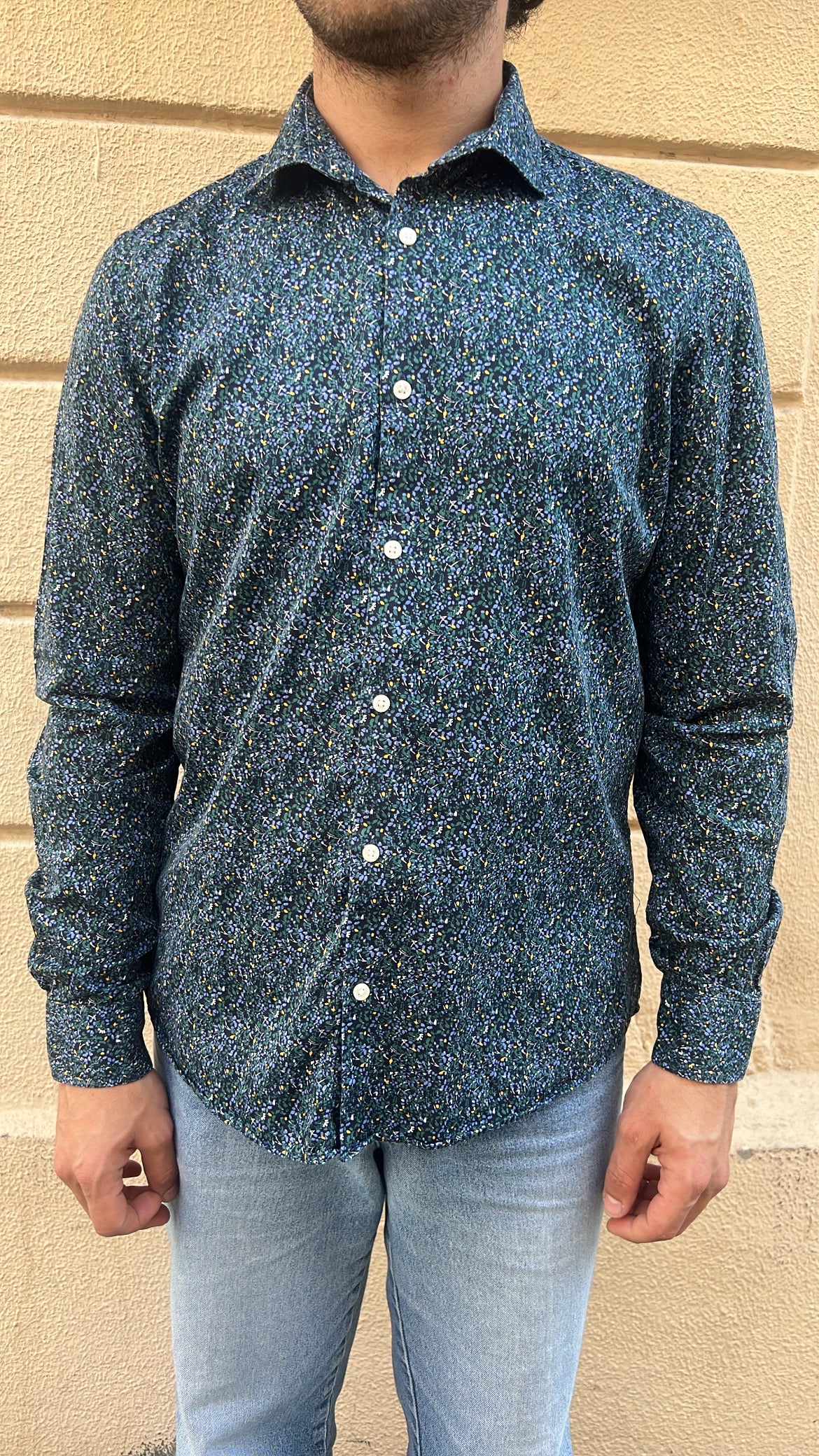 Navy Blue and Green Dappled Floral Micro-Print Shirt