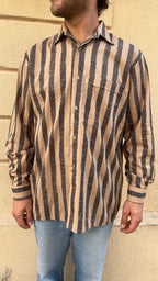 Tan and Charcoal Gray Textured Vertical Stripes Shirt