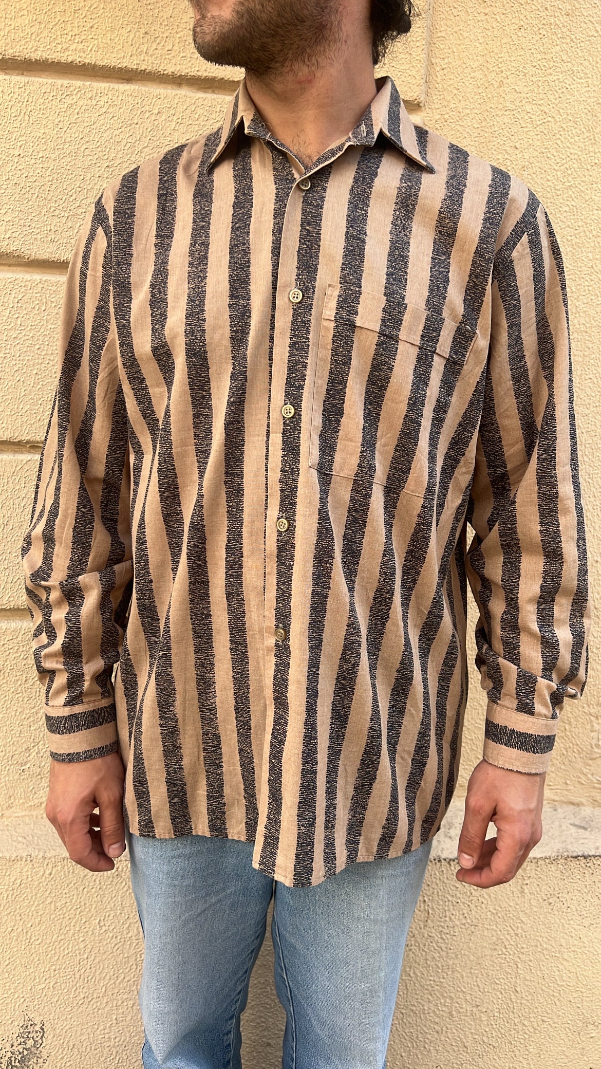 Tan and Charcoal Gray Textured Vertical Stripes Shirt