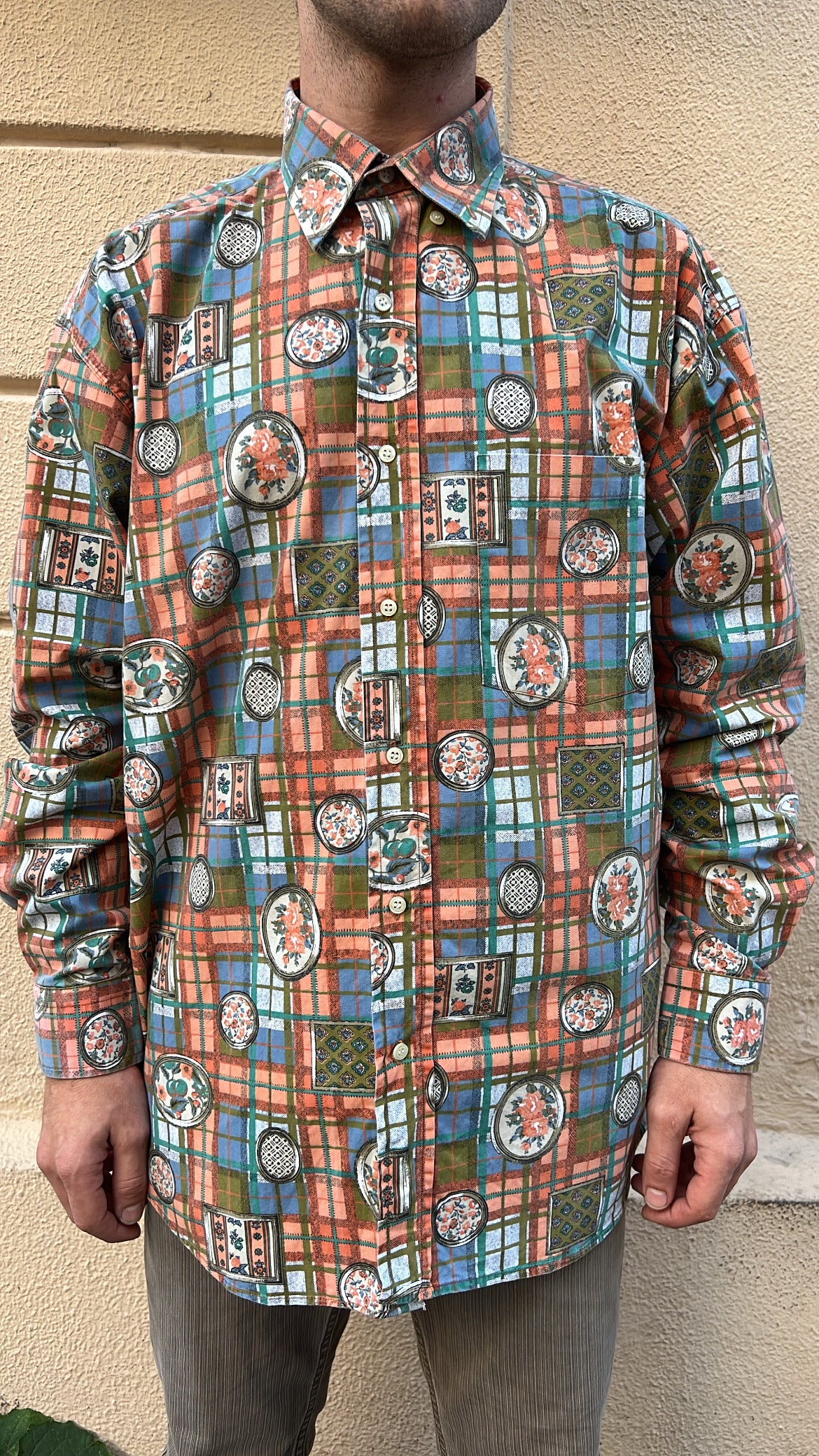 Orange Plaid Shirt with Printed Patchwork
