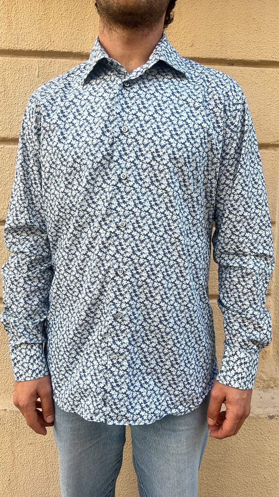 White and Blue Geometric Micro-Floral Print Shirt