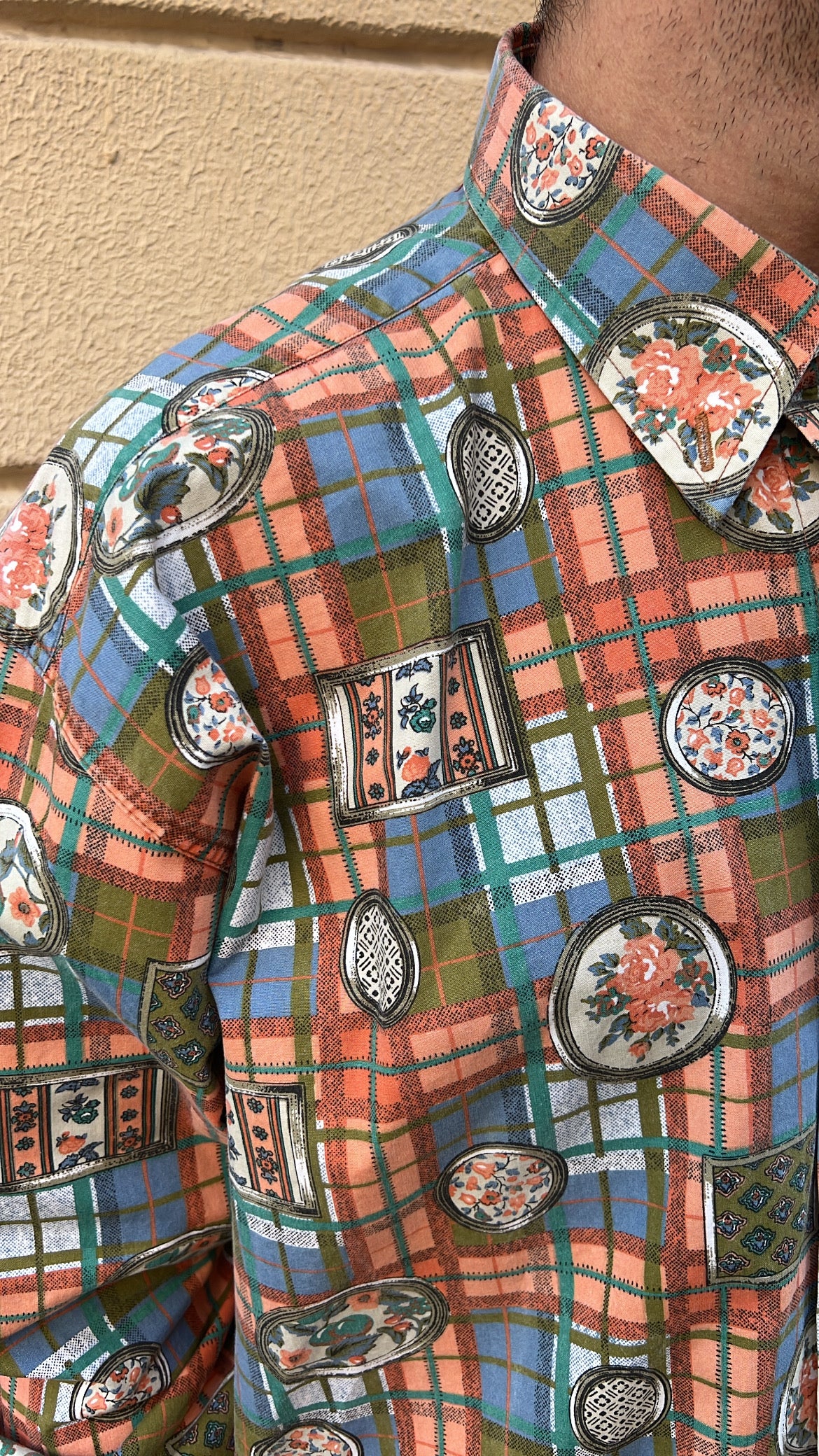 Orange Plaid Shirt with Printed Patchwork
