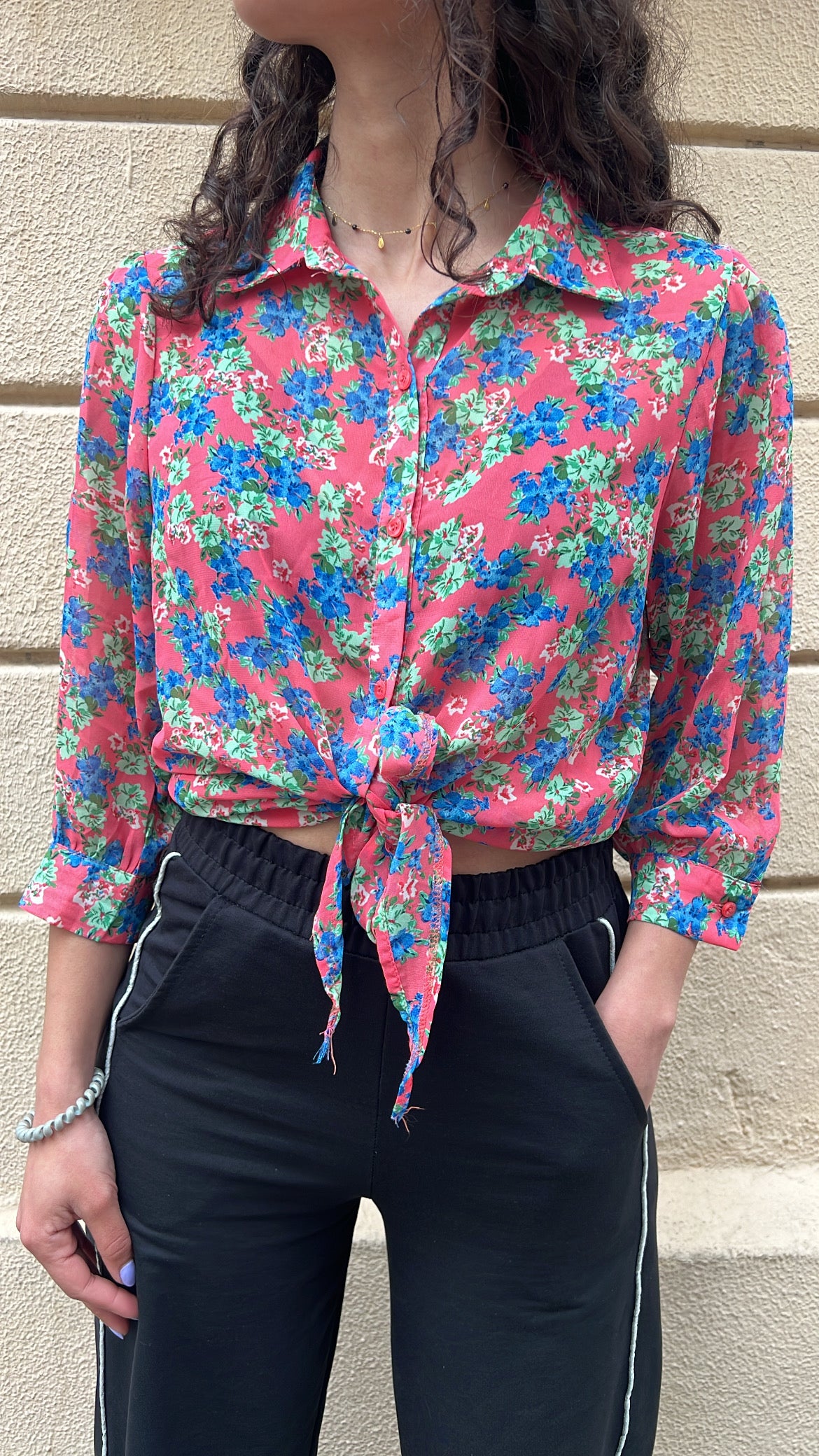 Vibrant Pink Ditsy Floral Tie Front Shirt
