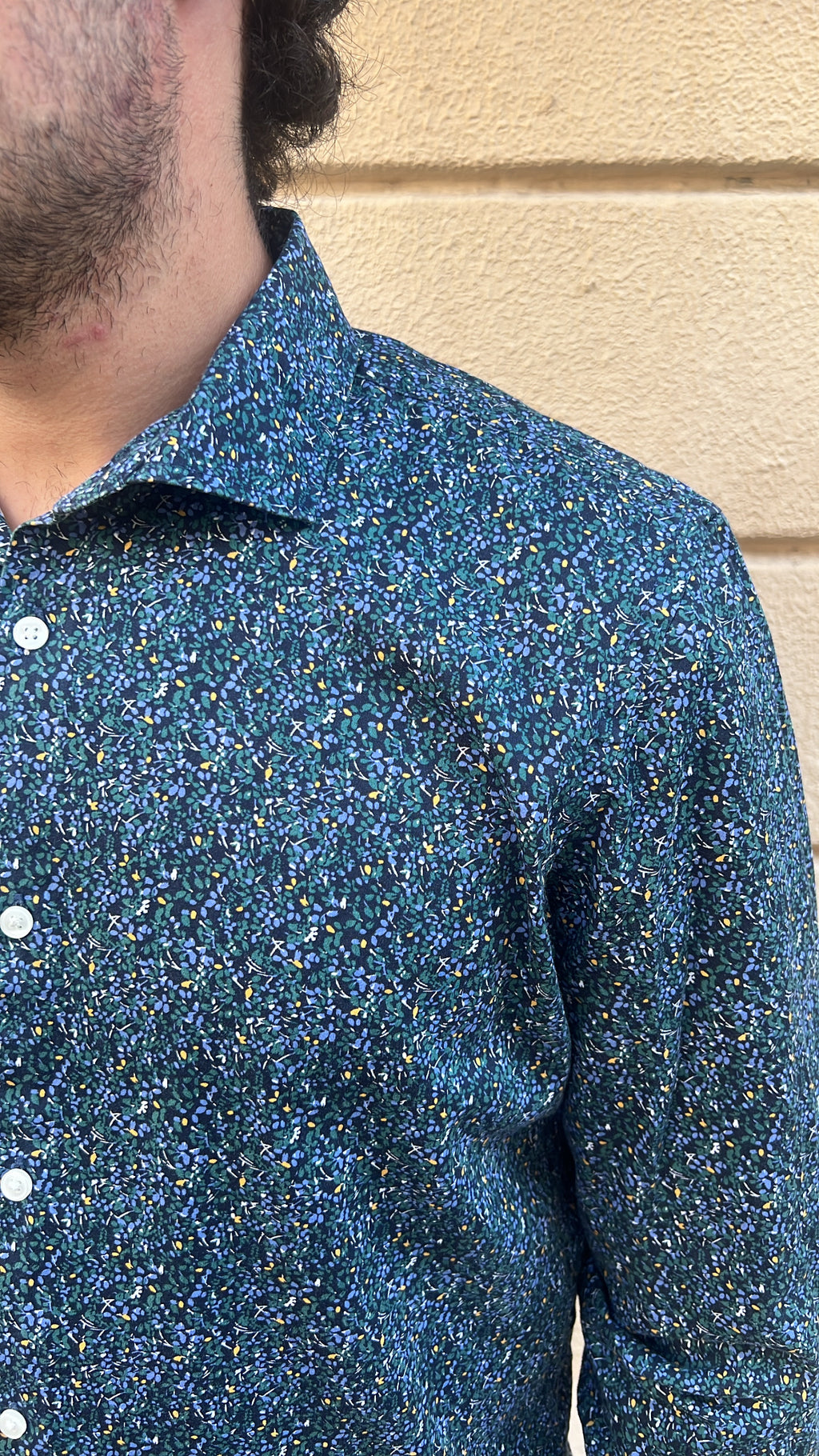 Navy Blue and Green Dappled Floral Micro-Print Shirt