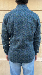 Navy Blue and Green Dappled Floral Micro-Print Shirt
